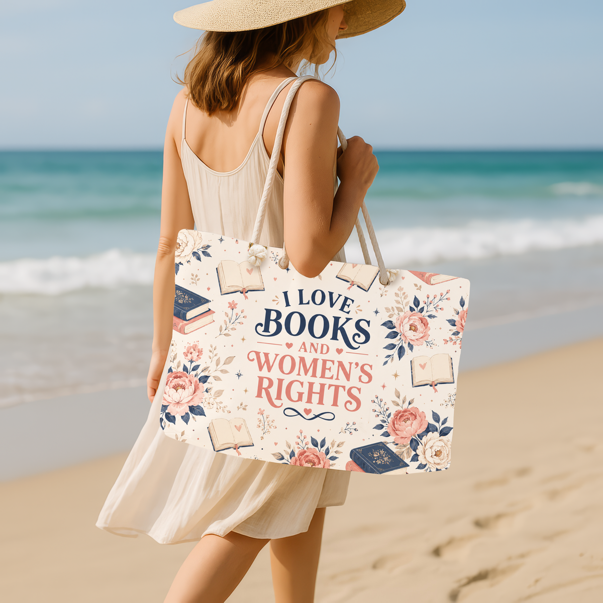 I Love Books and Women's Rights Weekender Bag Floral Book Lover Travel Tote Feminist Reader Gift