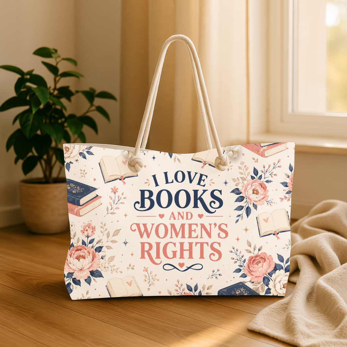 I Love Books and Women's Rights Weekender Bag Floral Book Lover Travel Tote Feminist Reader Gift