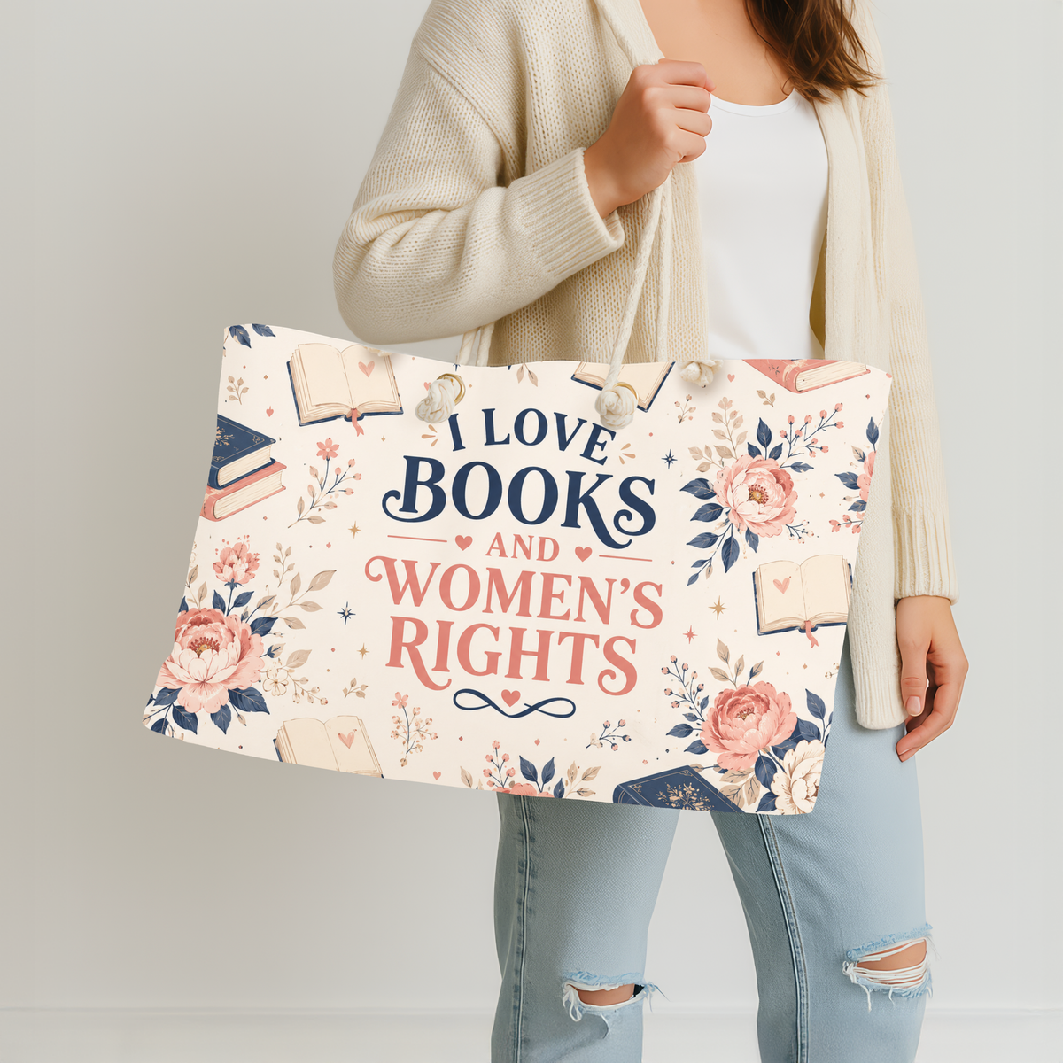 I Love Books and Women's Rights Weekender Bag Floral Book Lover Travel Tote Feminist Reader Gift