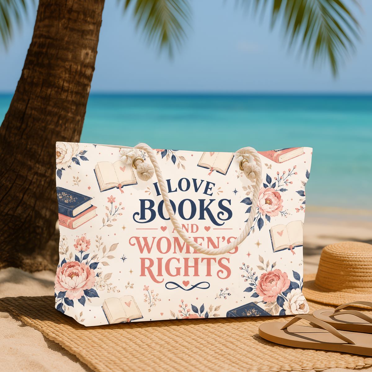 I Love Books and Women's Rights Weekender Bag Floral Book Lover Travel Tote Feminist Reader Gift