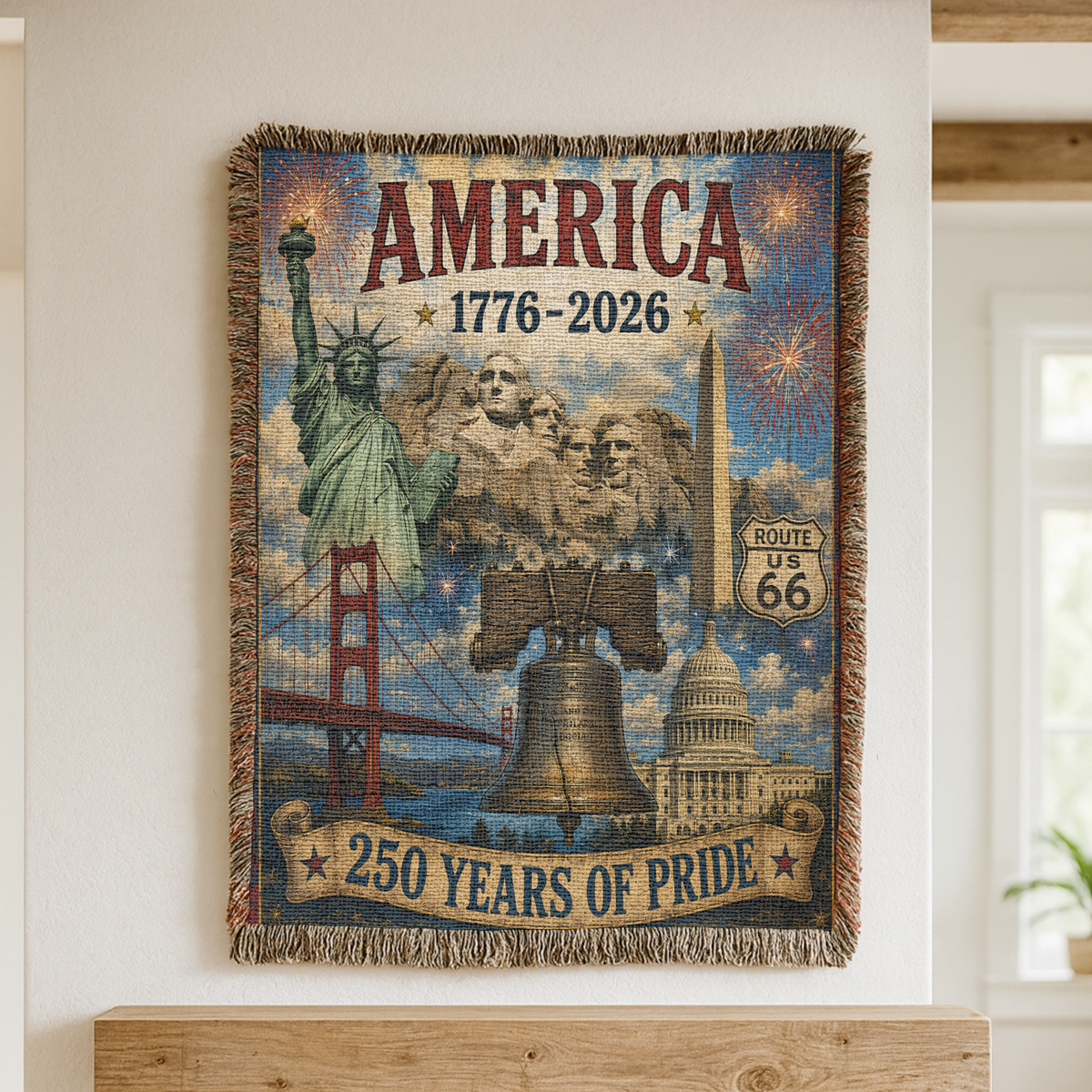 America's 250 Years of Pride Woven Blanket Patriotic Landmarks Throw Statue of Liberty Liberty Bell Mount Rushmore 1776-2026