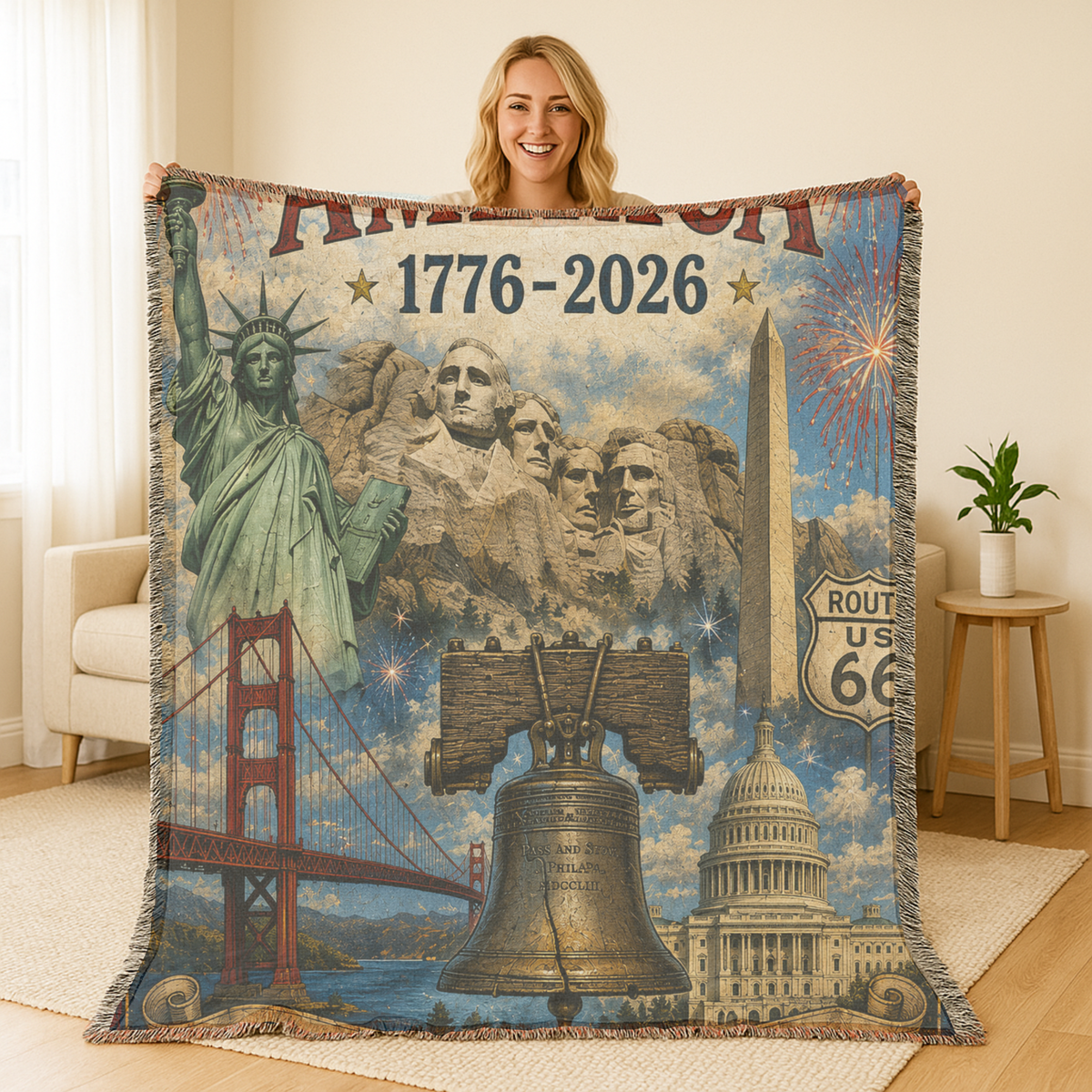 America's 250 Years of Pride Woven Blanket Patriotic Landmarks Throw Statue of Liberty Liberty Bell Mount Rushmore 1776-2026