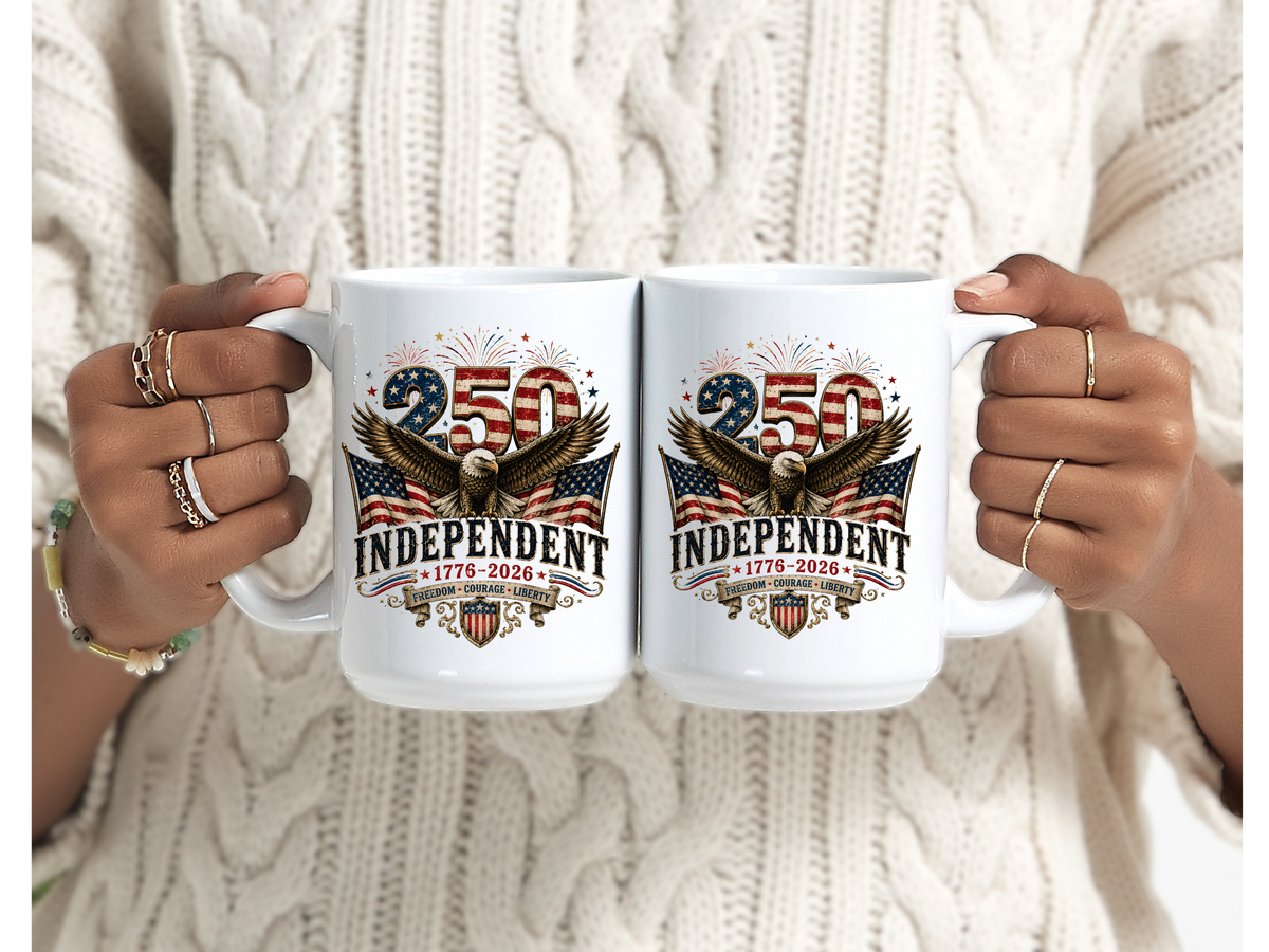 250 Years Independent Eagle Mug Patriotic Faux Patchwork American Flag Coffee Cup USA 1776 2026 Anniversary Gift