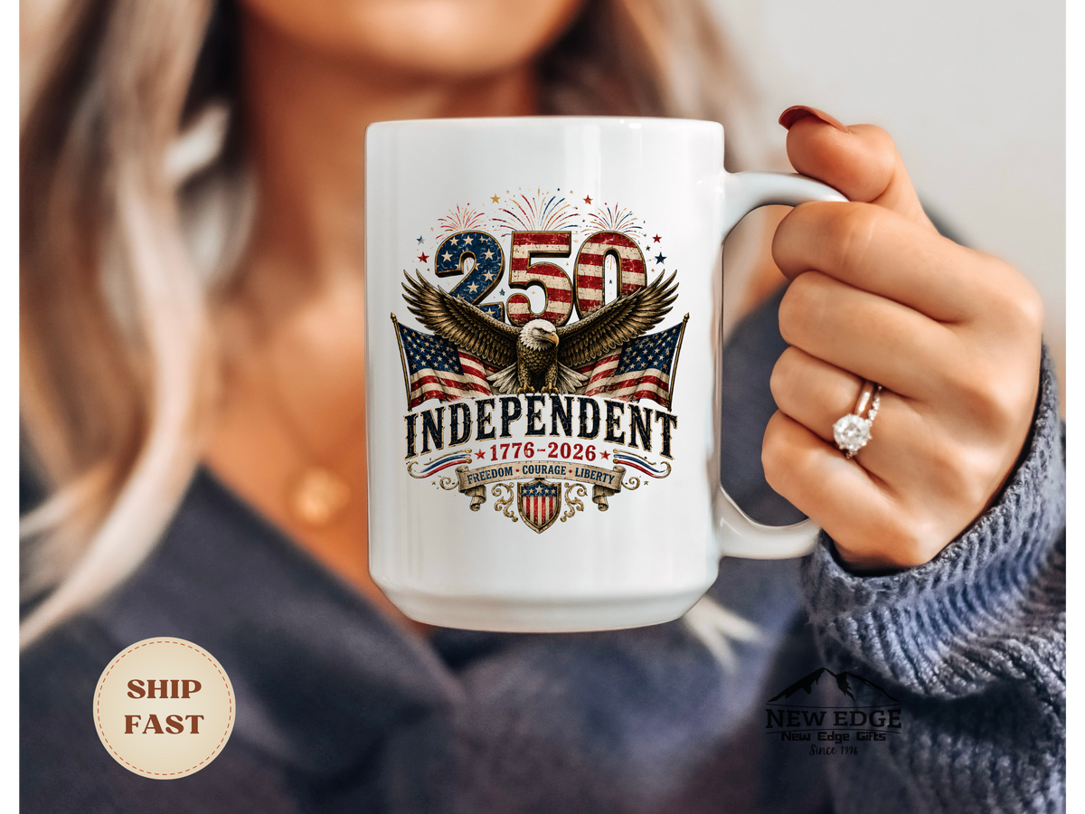 250 Years Independent Eagle Mug Patriotic Faux Patchwork American Flag Coffee Cup USA 1776 2026 Anniversary Gift