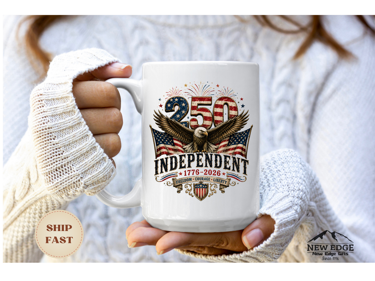 250 Years Independent Eagle Mug Patriotic Faux Patchwork American Flag Coffee Cup USA 1776 2026 Anniversary Gift