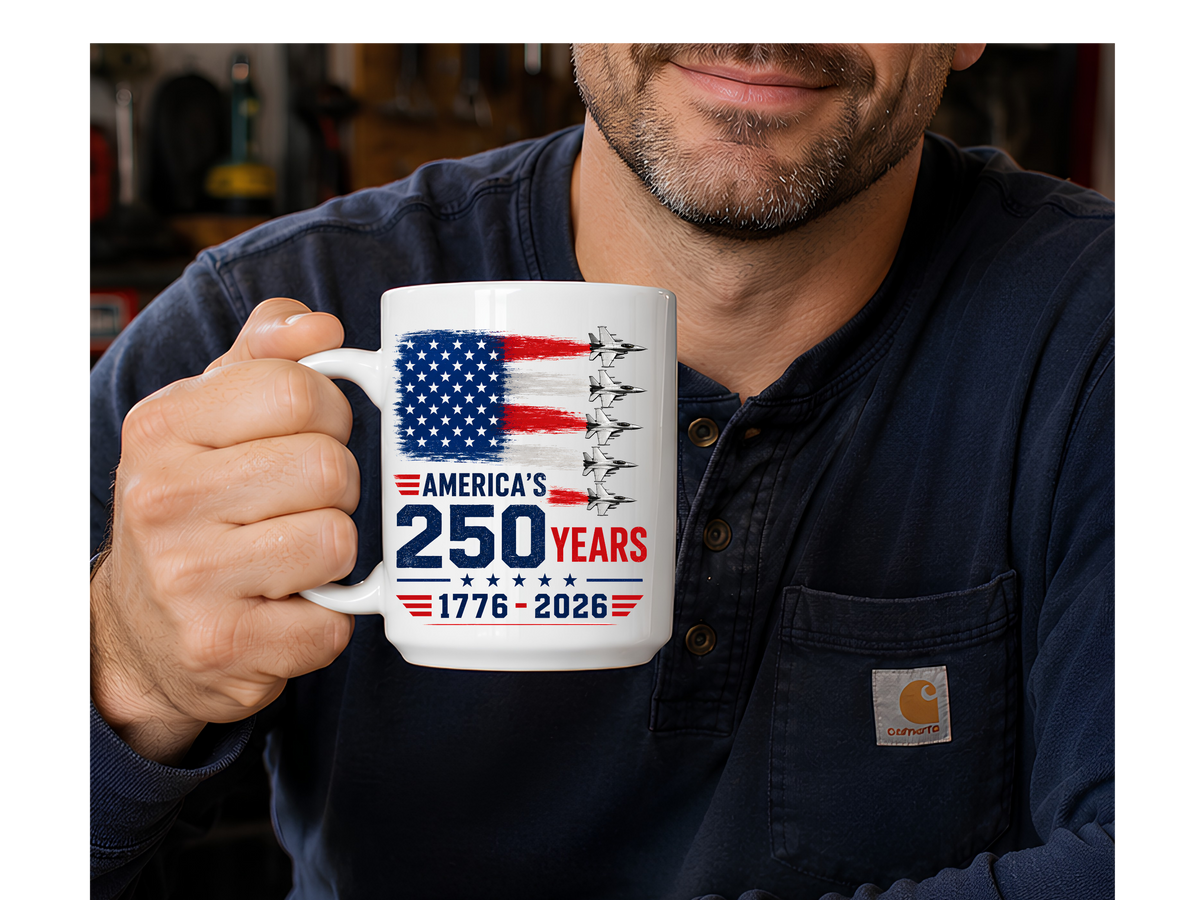 Ceramic Mug — American 250th Anniversary USA Flag & Jets Commemorative Coffee Mug (1776–2026)