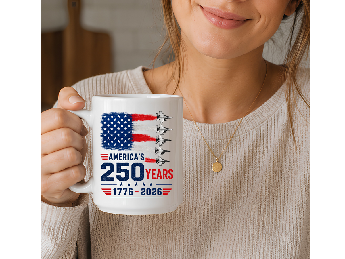Ceramic Mug — American 250th Anniversary USA Flag & Jets Commemorative Coffee Mug (1776–2026)