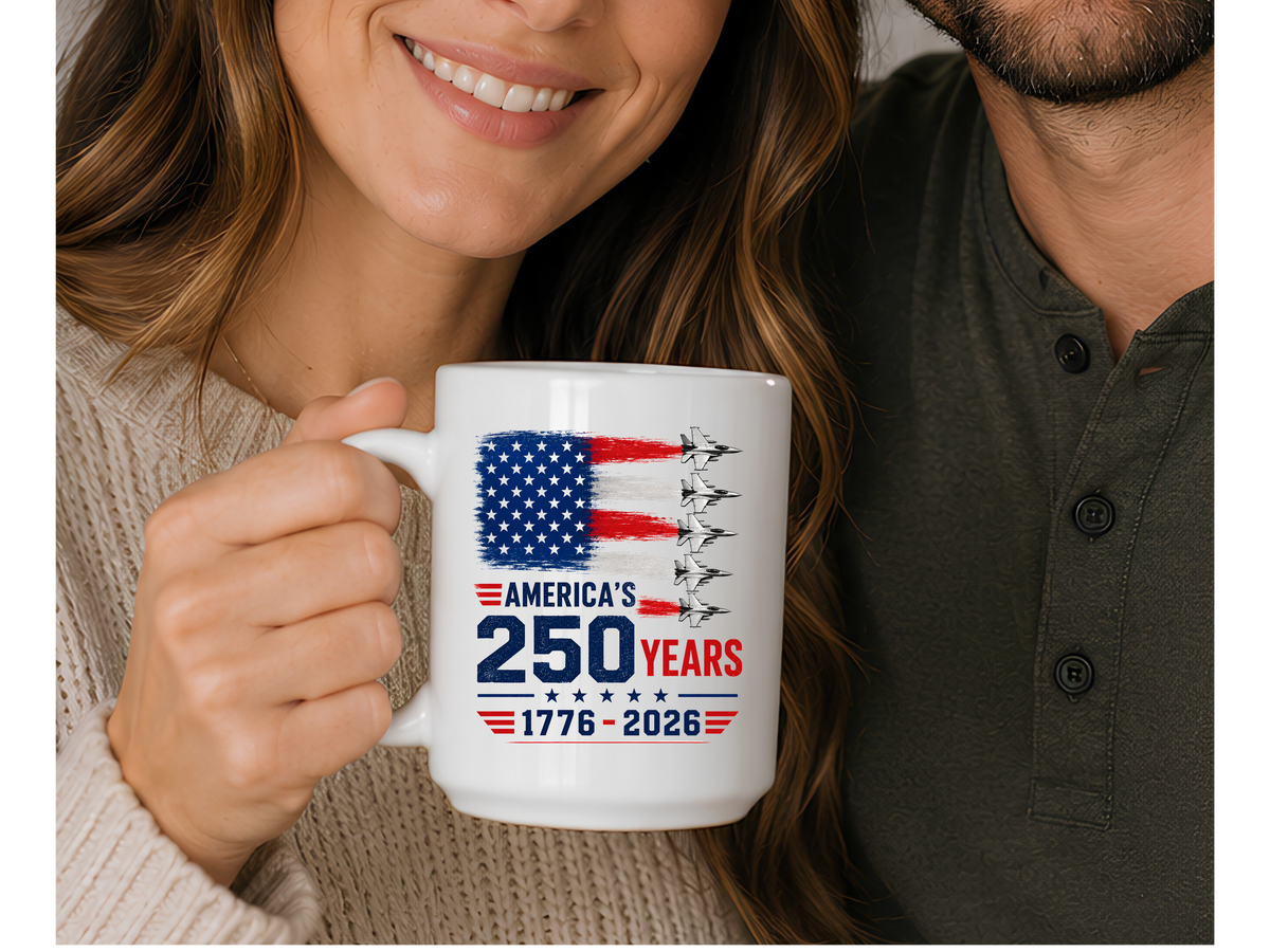 Ceramic Mug — American 250th Anniversary USA Flag & Jets Commemorative Coffee Mug (1776–2026)