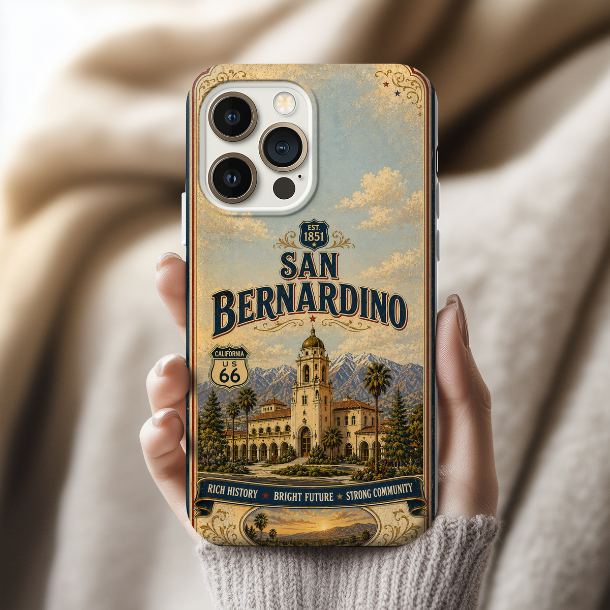 San Bernardino Route 66 Faux Patchwork Phone Case Vintage California Travel Poster Mountain Landmark Cover