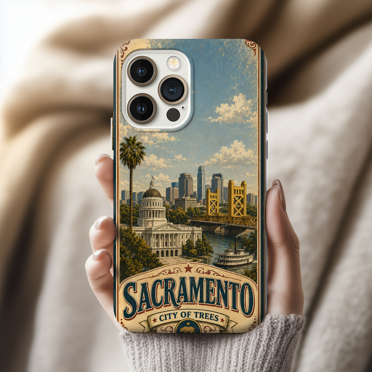 Sacramento City of Trees Faux Patchwork Phone Case Vintage California Landmark Travel Poster Cover