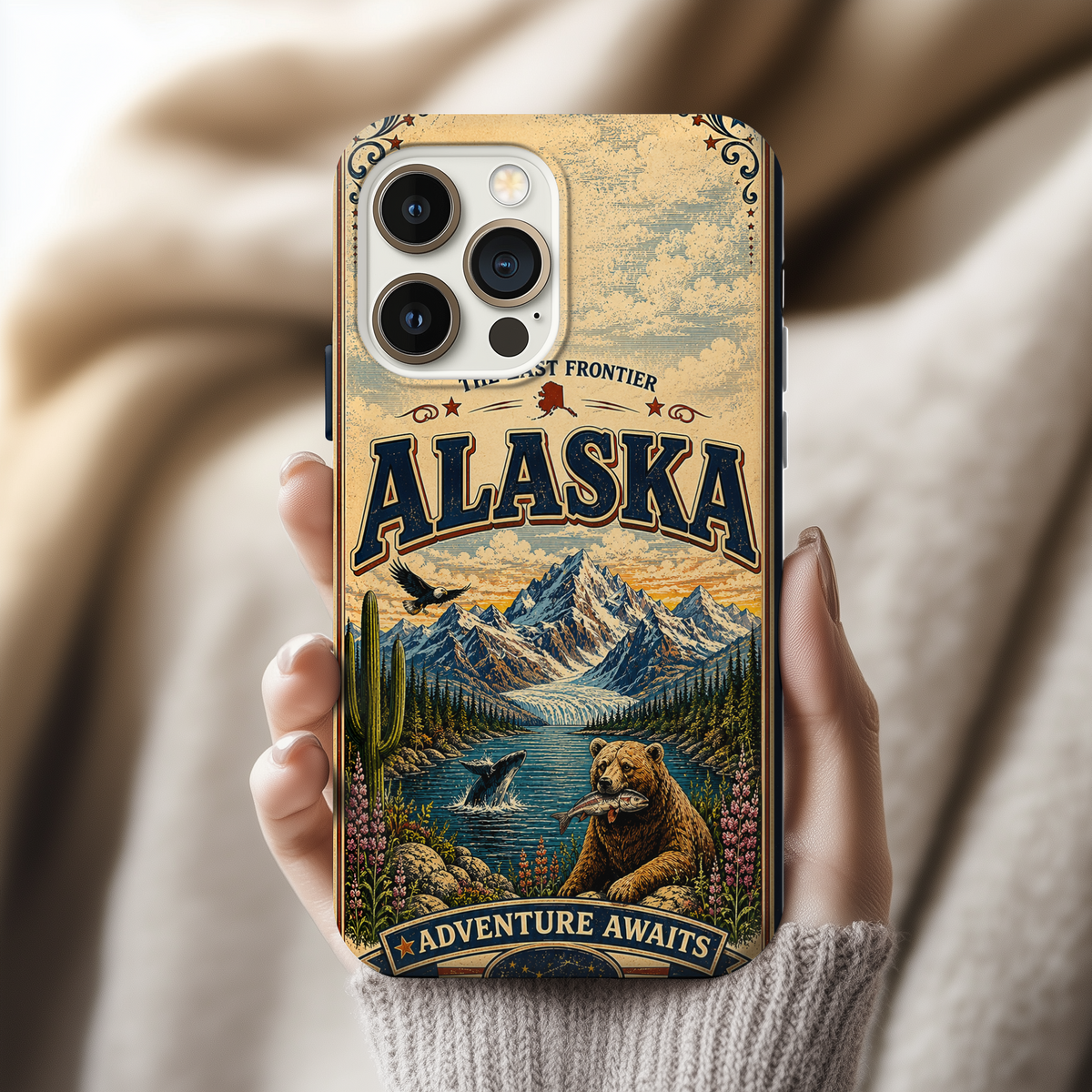 Alaska Faux Patchwork Phone Case The Last Frontier Retro Travel Poster Wildlife Adventure Cover