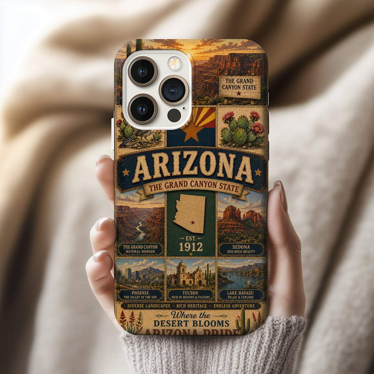 Arizona Faux Patchwork Phone Case The Grand Canyon State Vintage Travel Poster Retro Pride Cover