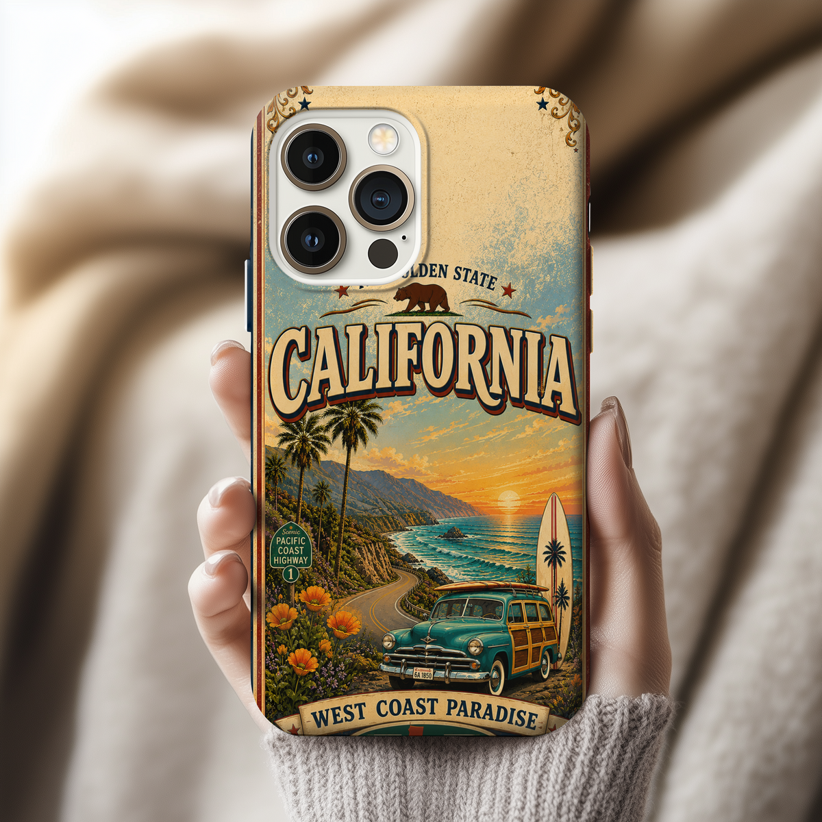 California Golden State Faux Patchwork Phone Case Vintage Travel Poster Retro State Pride Cover
