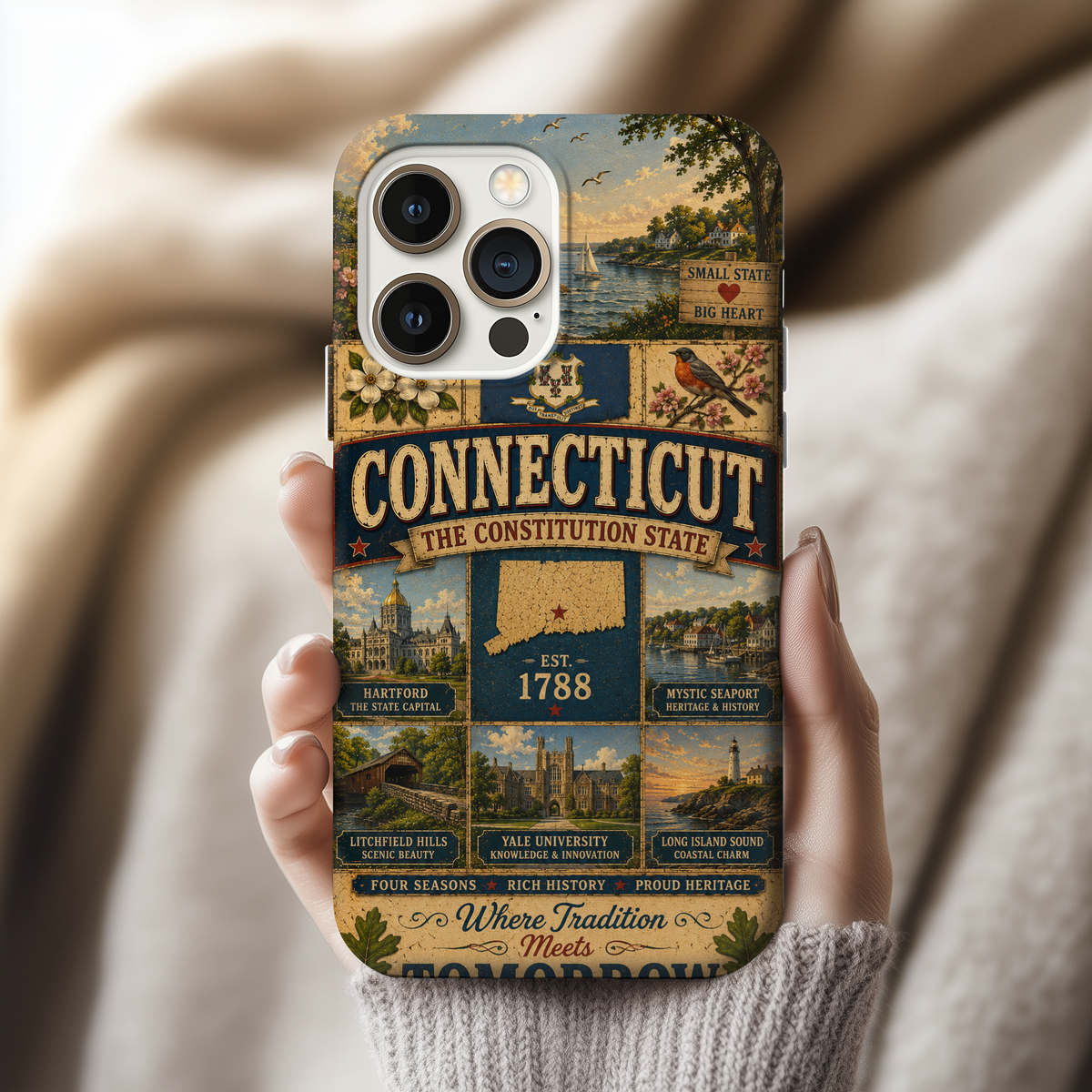 Connecticut Constitution State Faux Patchwork Phone Case Vintage Travel Poster Pride Cover