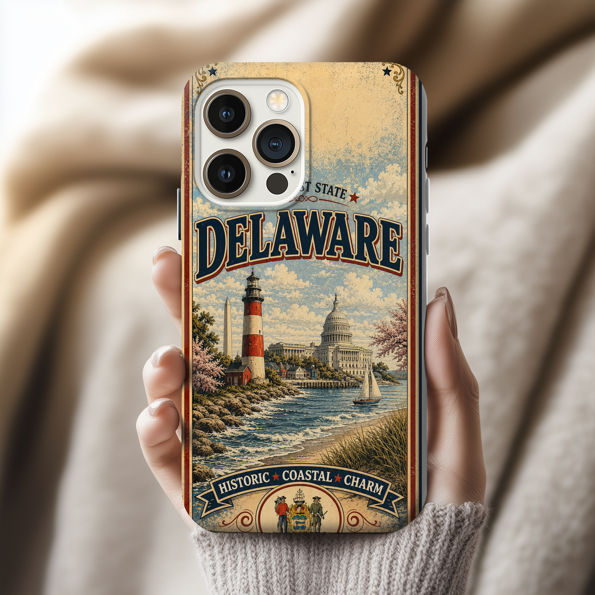 Delaware First State Faux Patchwork Phone Case Vintage Travel Poster Retro State Pride Cover