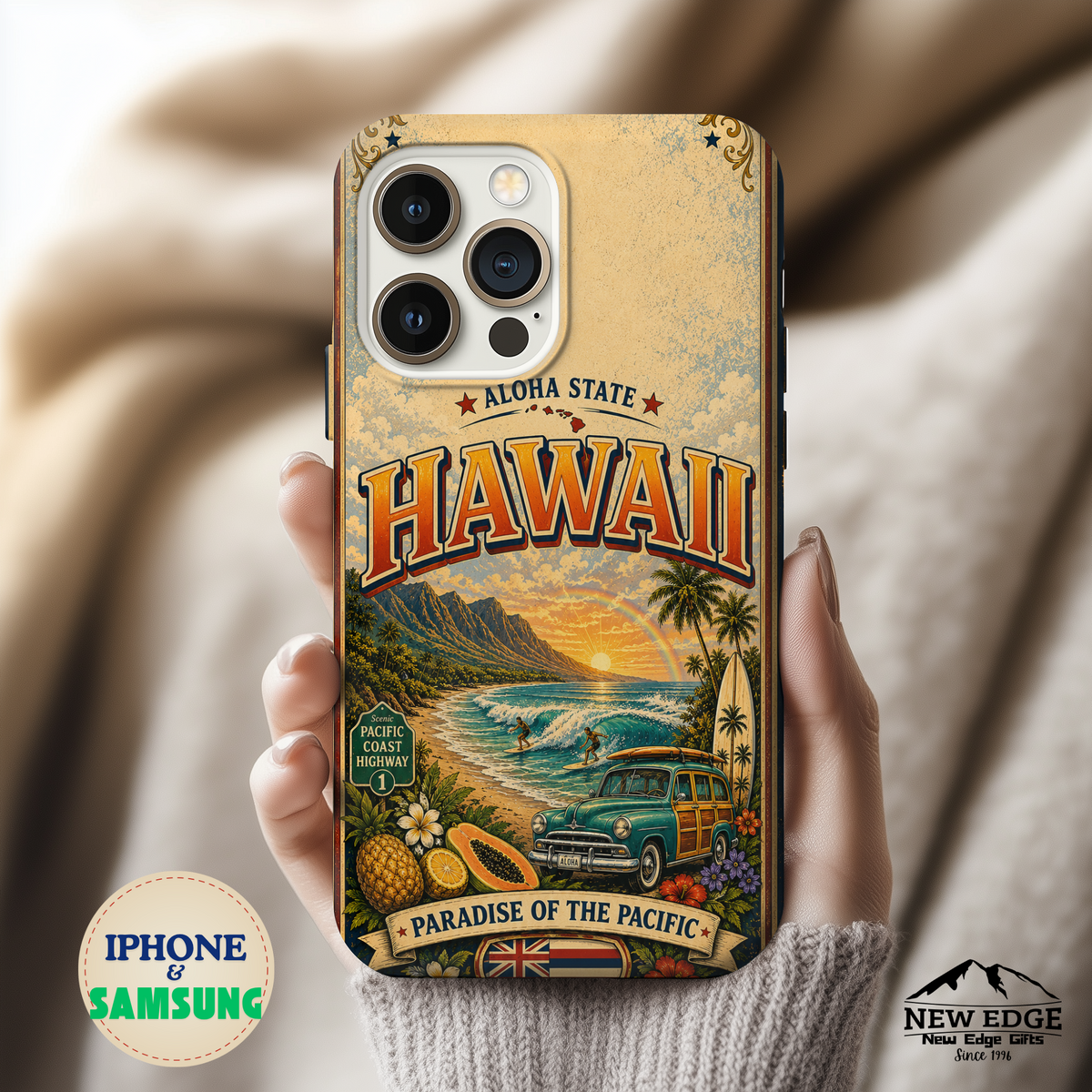 Hawaii Aloha State Faux Patchwork Phone Case Vintage Travel Poster Tropical Island Pride Cover