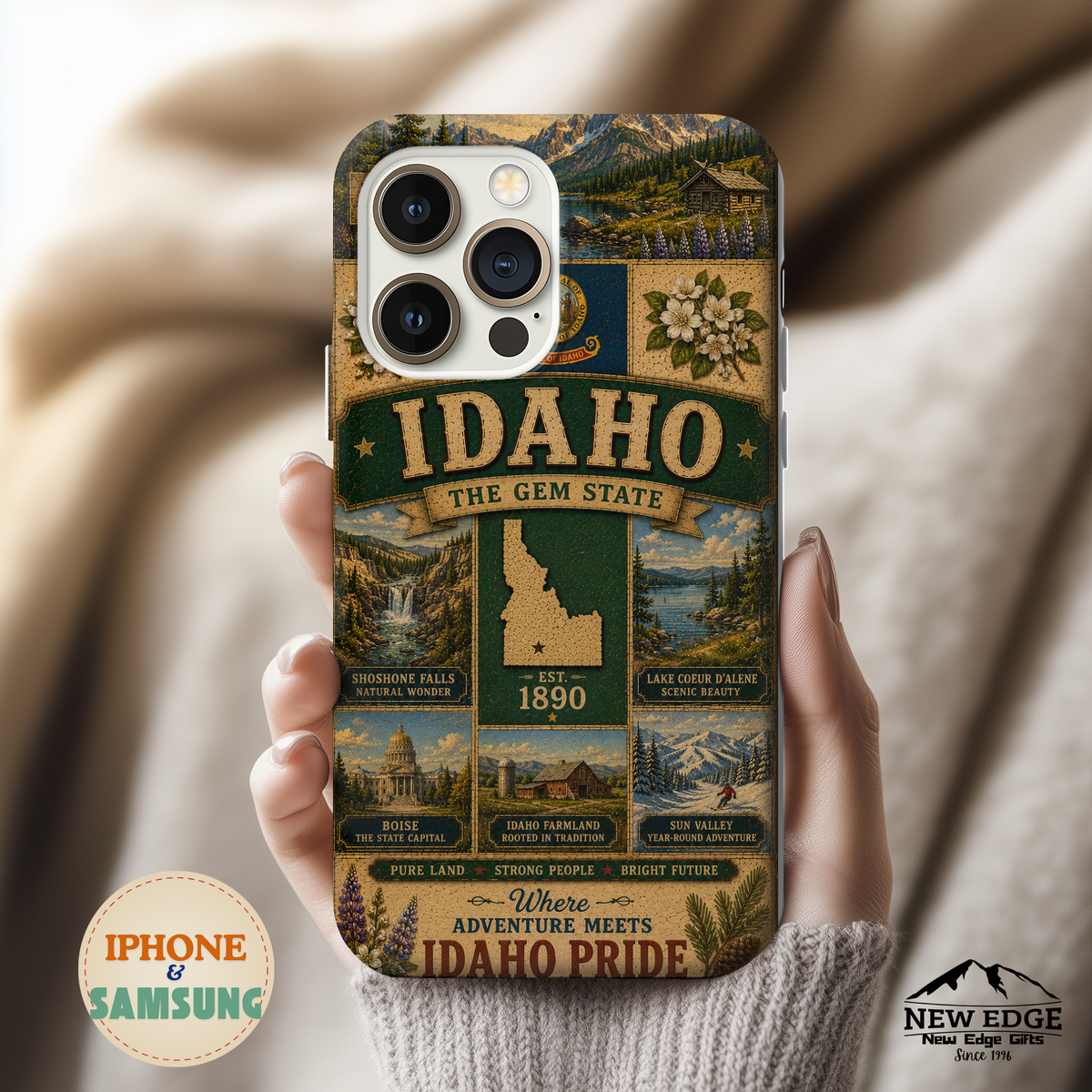 Idaho Gem State Faux Patchwork Phone Case Vintage Travel Poster Retro State Pride Cover