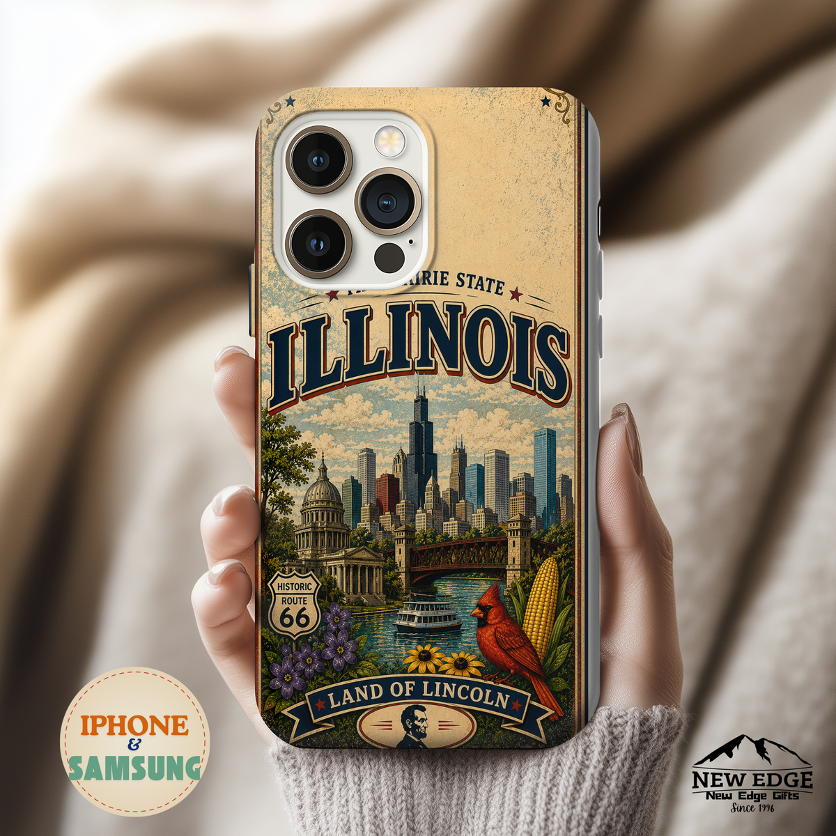 Illinois Prairie State Faux Patchwork Phone Case Vintage Travel Poster Retro State Pride Cover
