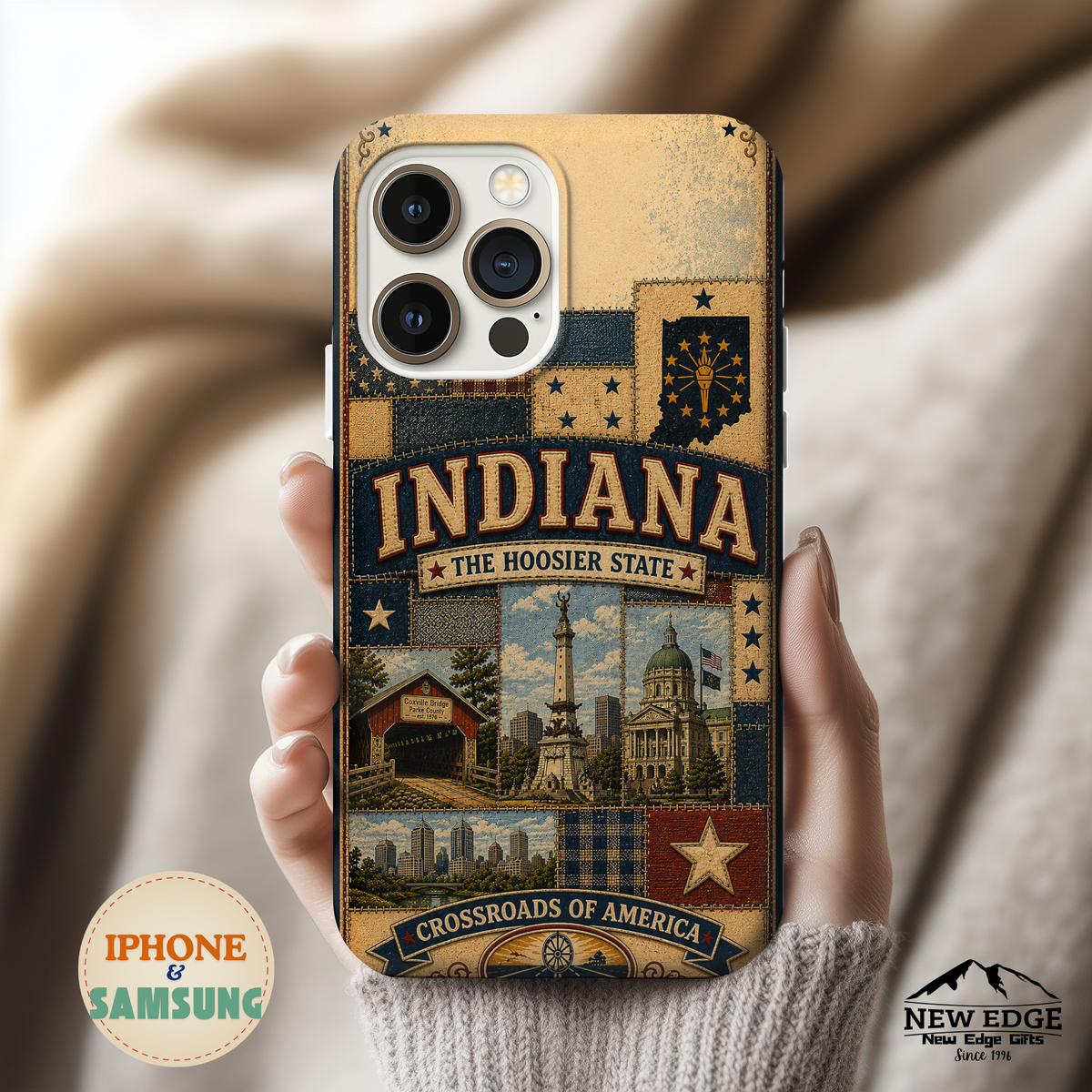 Indiana Hoosier State Faux Patchwork Phone Case Vintage Travel Poster Crossroads of America Cover