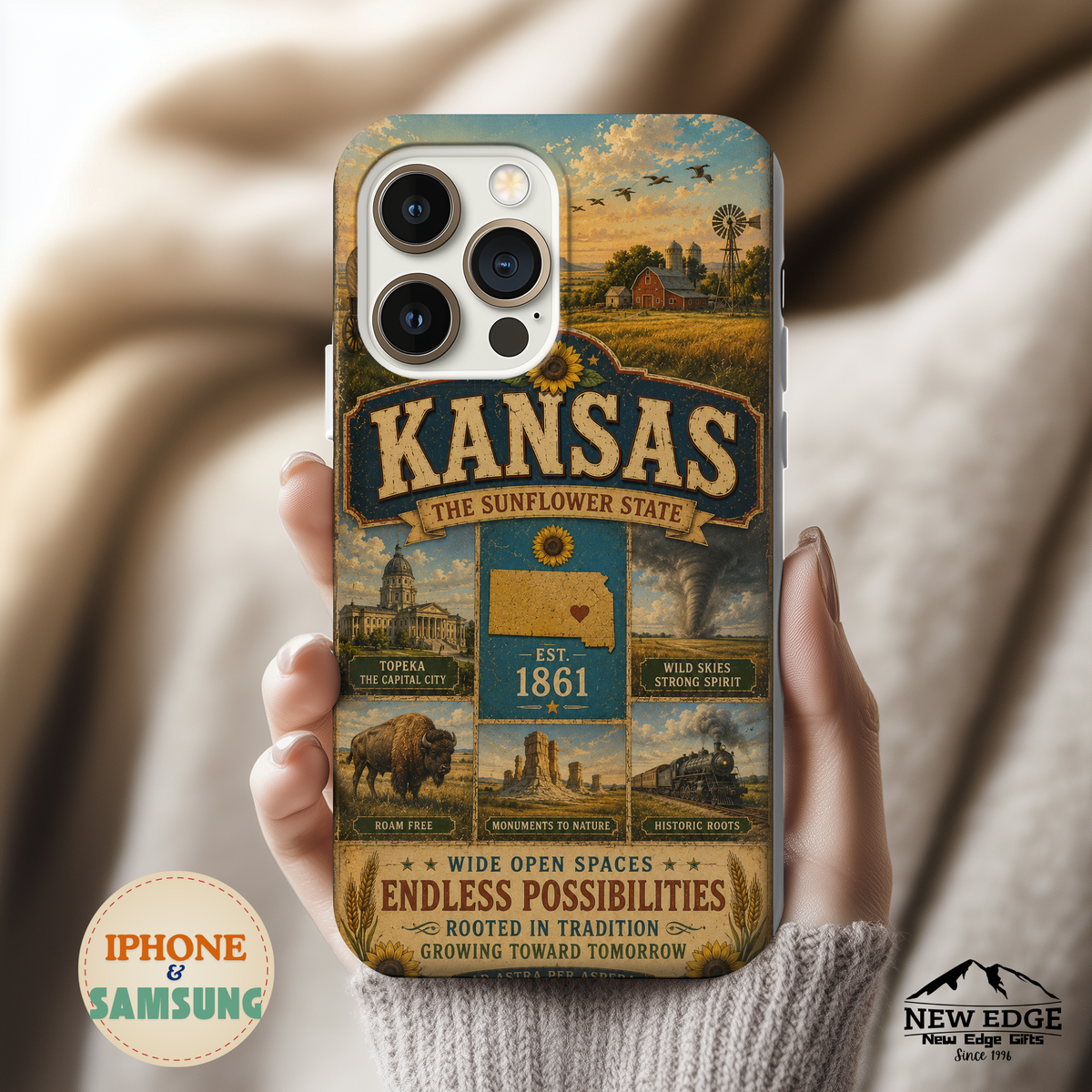 Kansas Faux Patchwork Phone Case – The Sunflower State Vintage Travel Poster Retro State Pride Cover Est 1861 for iPhone & Samsung