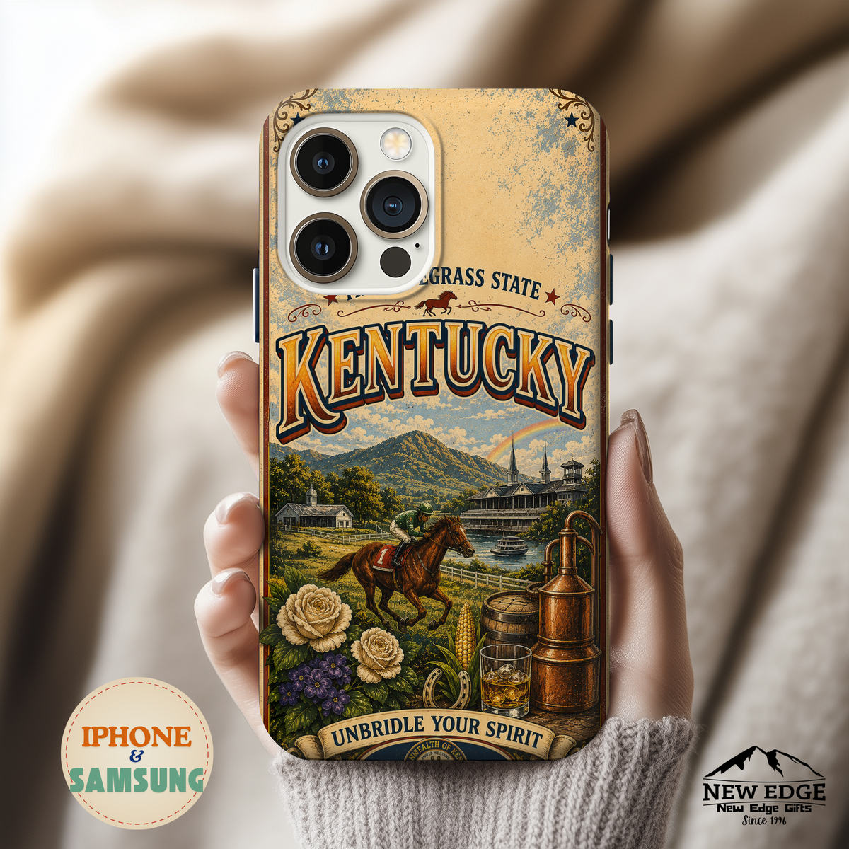 Kentucky Bluegrass State Faux Patchwork Phone Case – Vintage Travel Poster Style Kentucky Souvenir Cover for iPhone & Samsung
