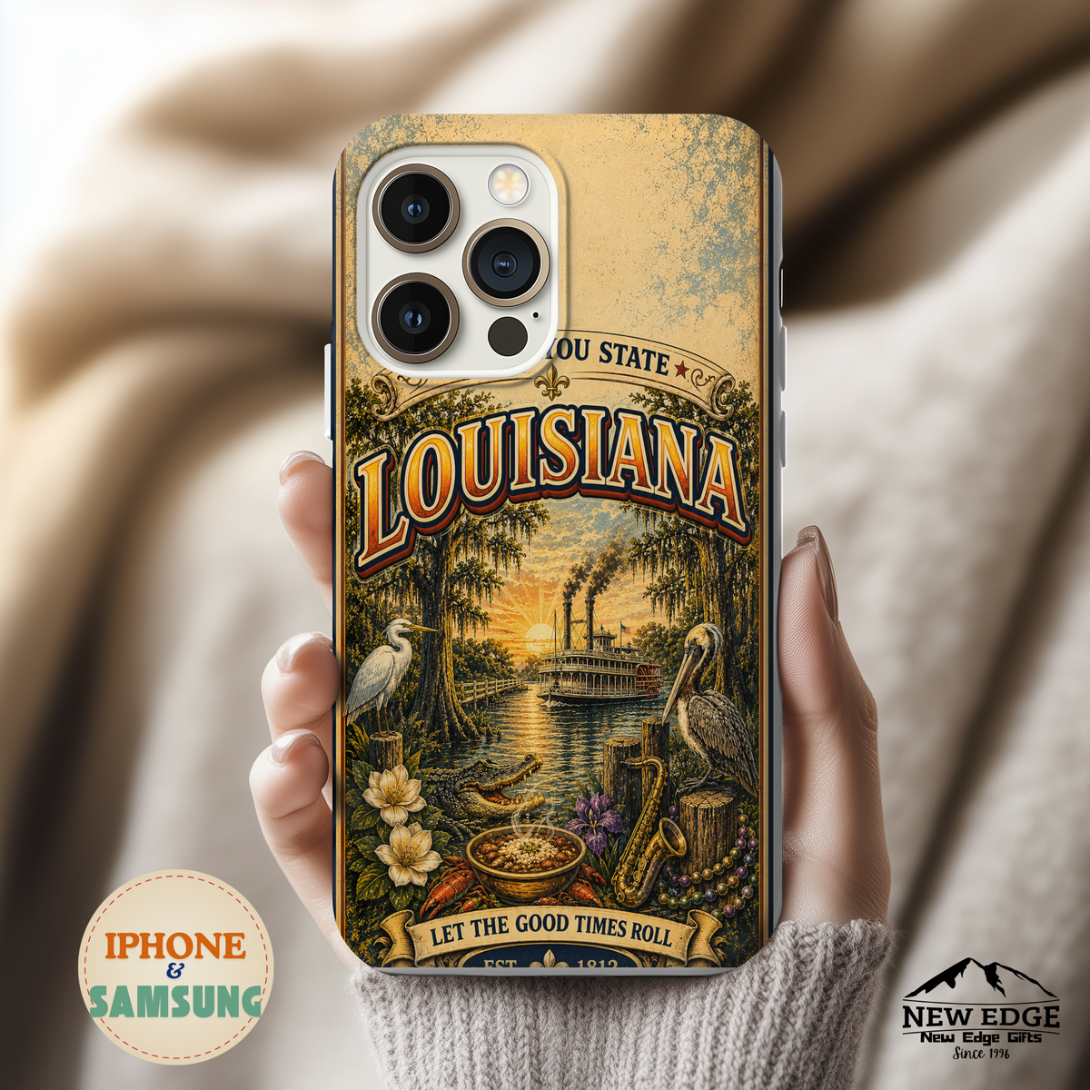 Louisiana Bayou State Faux Patchwork Phone Case – Vintage Travel Poster Style Louisiana Souvenir Cover for iPhone & Samsung