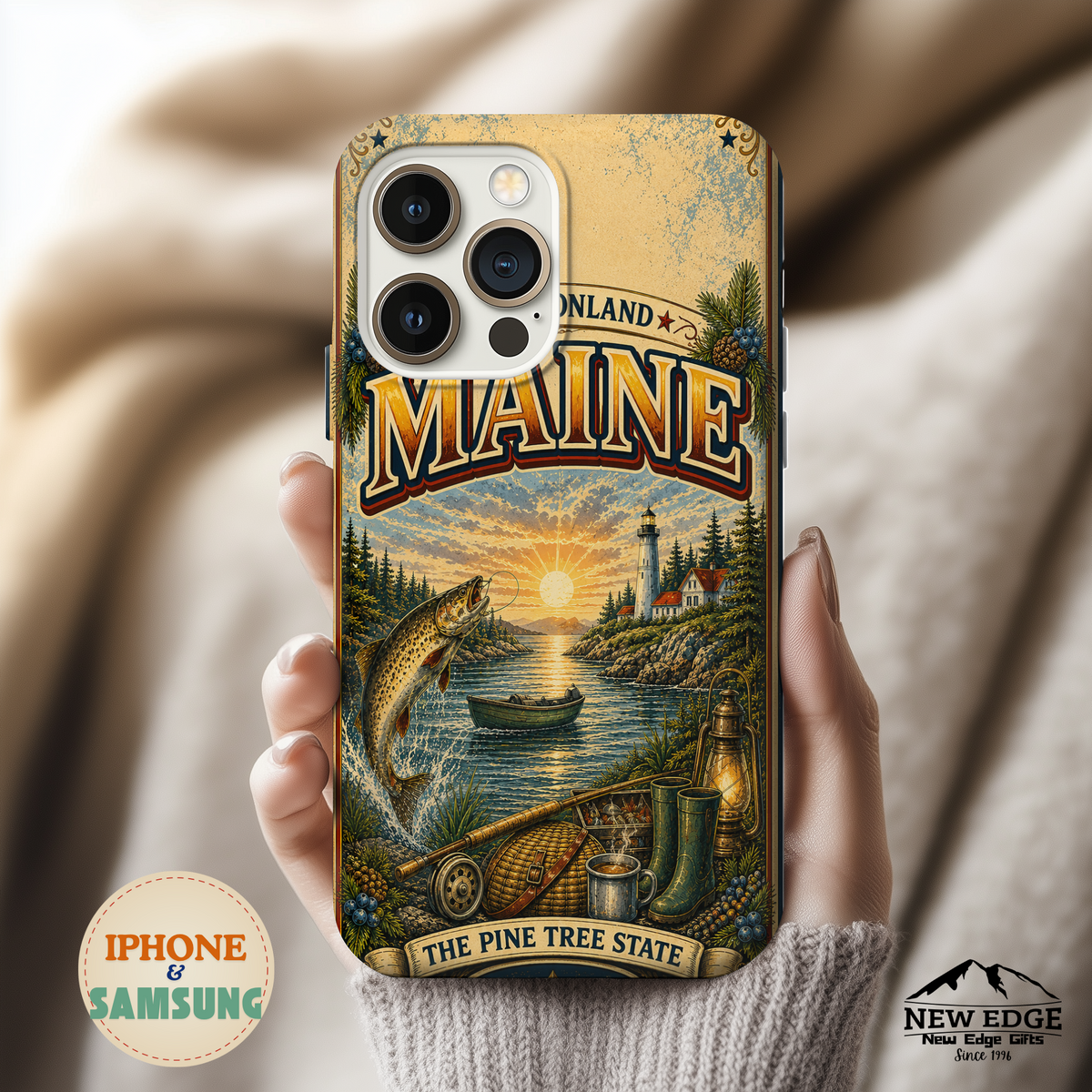 Maine Vacationland Faux Patchwork Phone Case – Vintage Travel Poster Style Coastal Maine Souvenir Cover for iPhone & Samsung