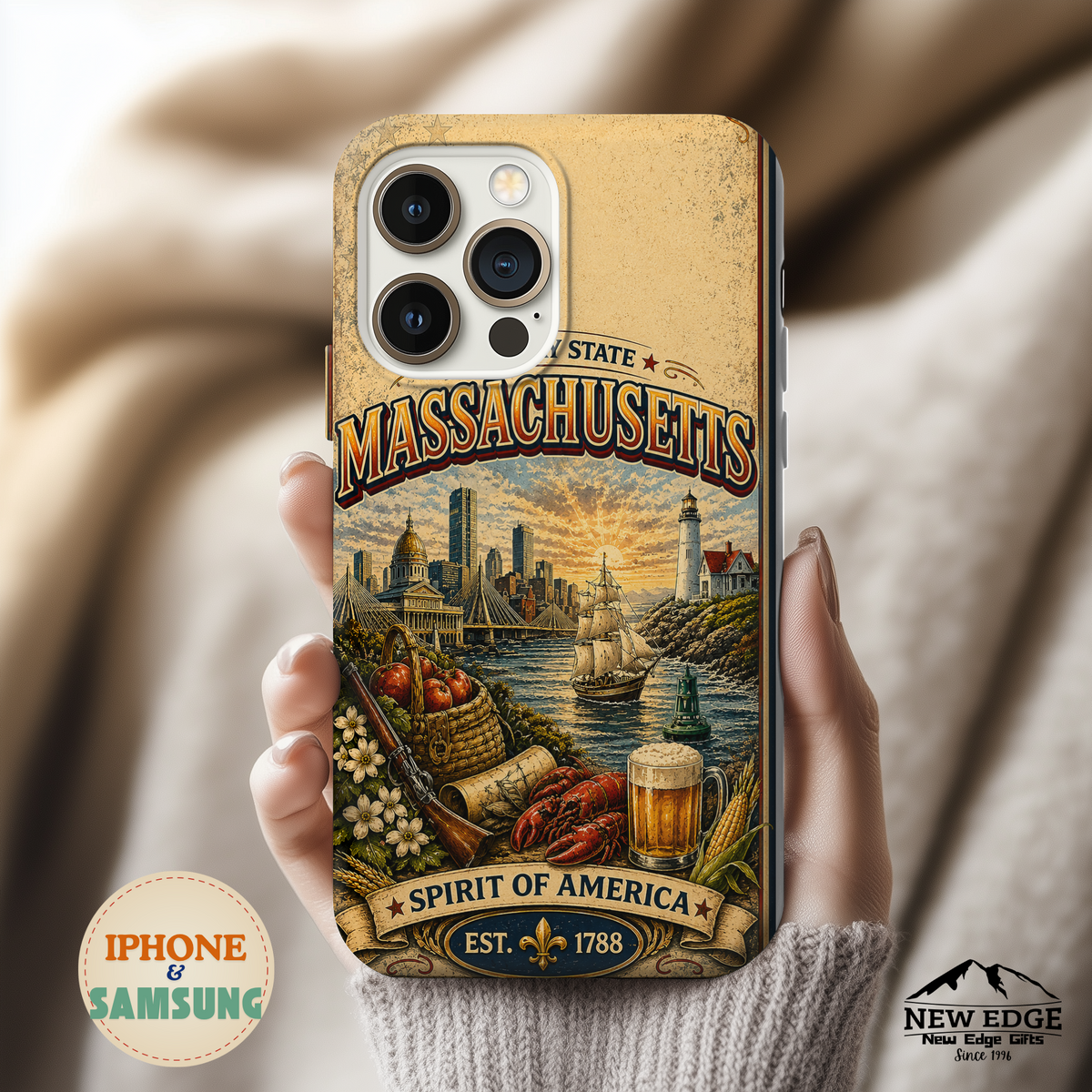Massachusetts Bay State Faux Patchwork Phone Case – Vintage Travel Poster Style New England Souvenir Cover for iPhone & Samsung