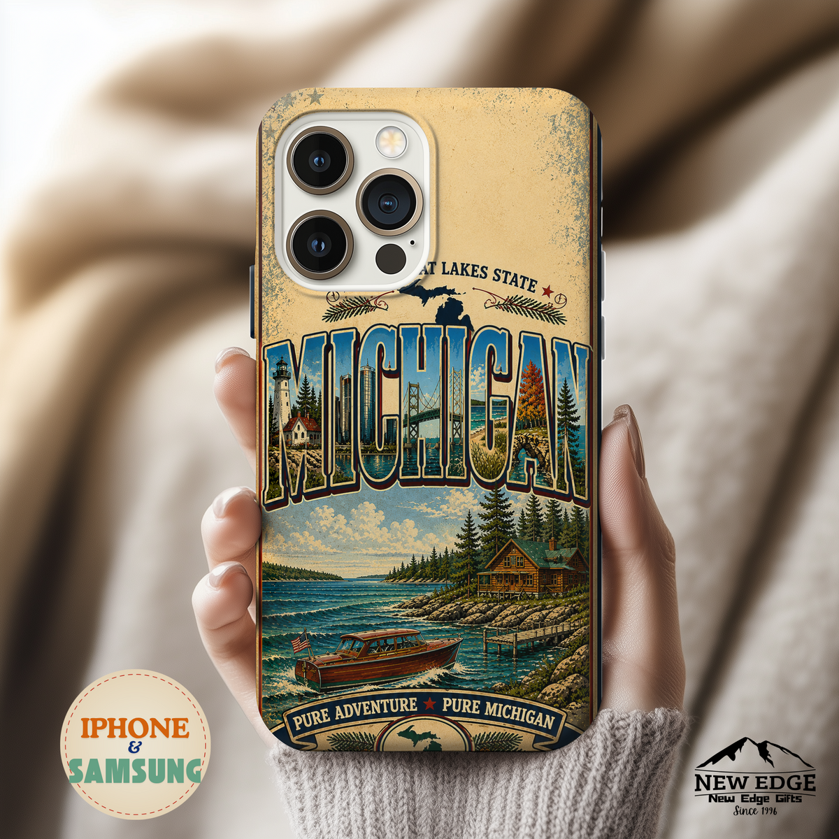 Michigan Great Lakes Faux Patchwork Phone Case – Vintage Travel Poster Style Michigan State Pride Cover for iPhone & Samsung