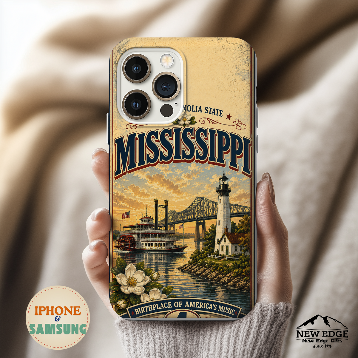 Mississippi Magnolia State Faux Patchwork Phone Case – Vintage Travel Poster Riverboat Lighthouse Design for iPhone & Samsung