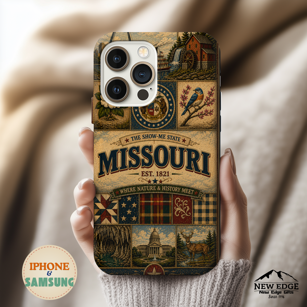 Missouri Show Me State Faux Patchwork Phone Case – Vintage Travel Poster Gateway Arch & Riverboat Cover for iPhone & Samsung