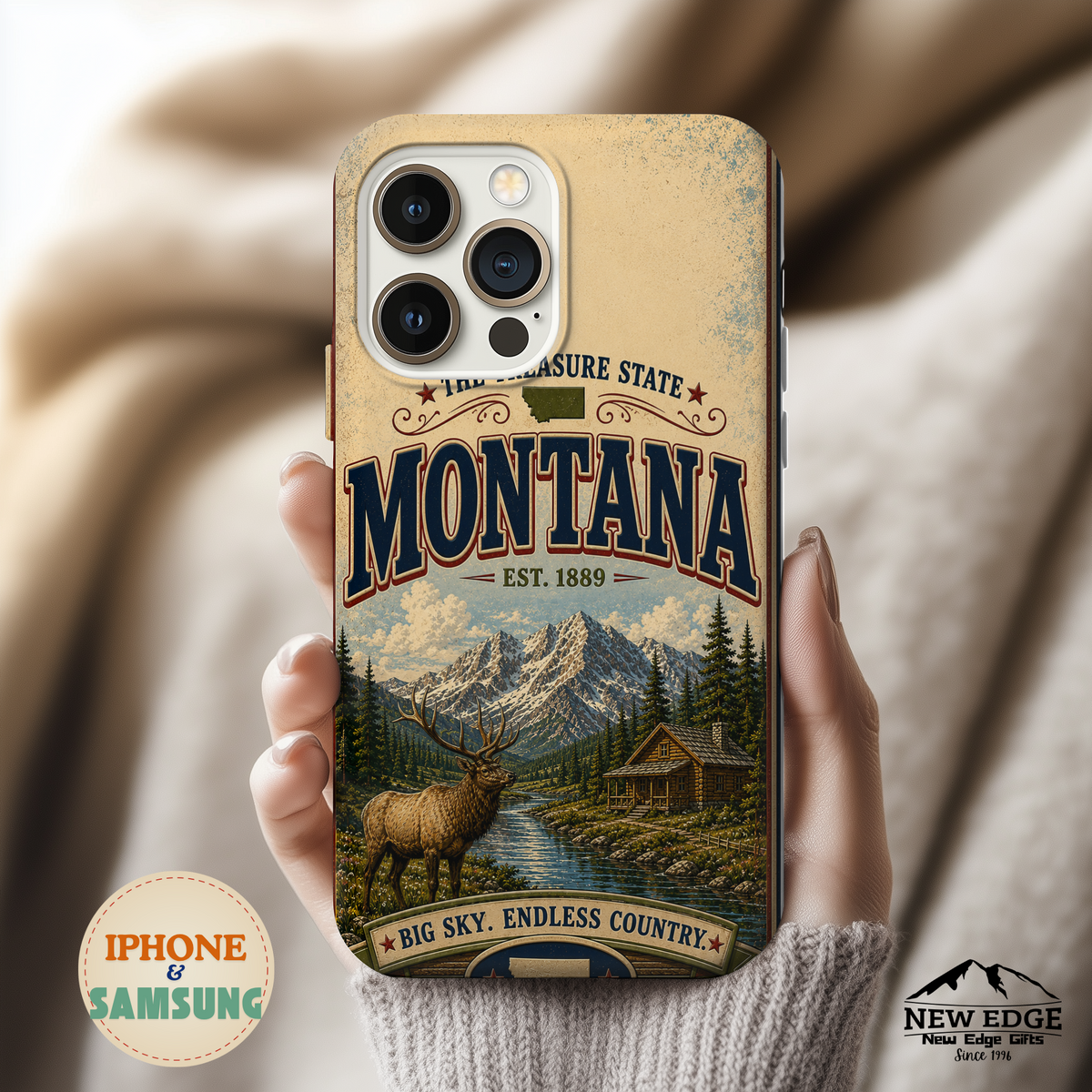 Montana Big Sky Country Faux Patchwork Phone Case – Vintage Travel Poster Scenic Mountain Design for iPhone & Samsung