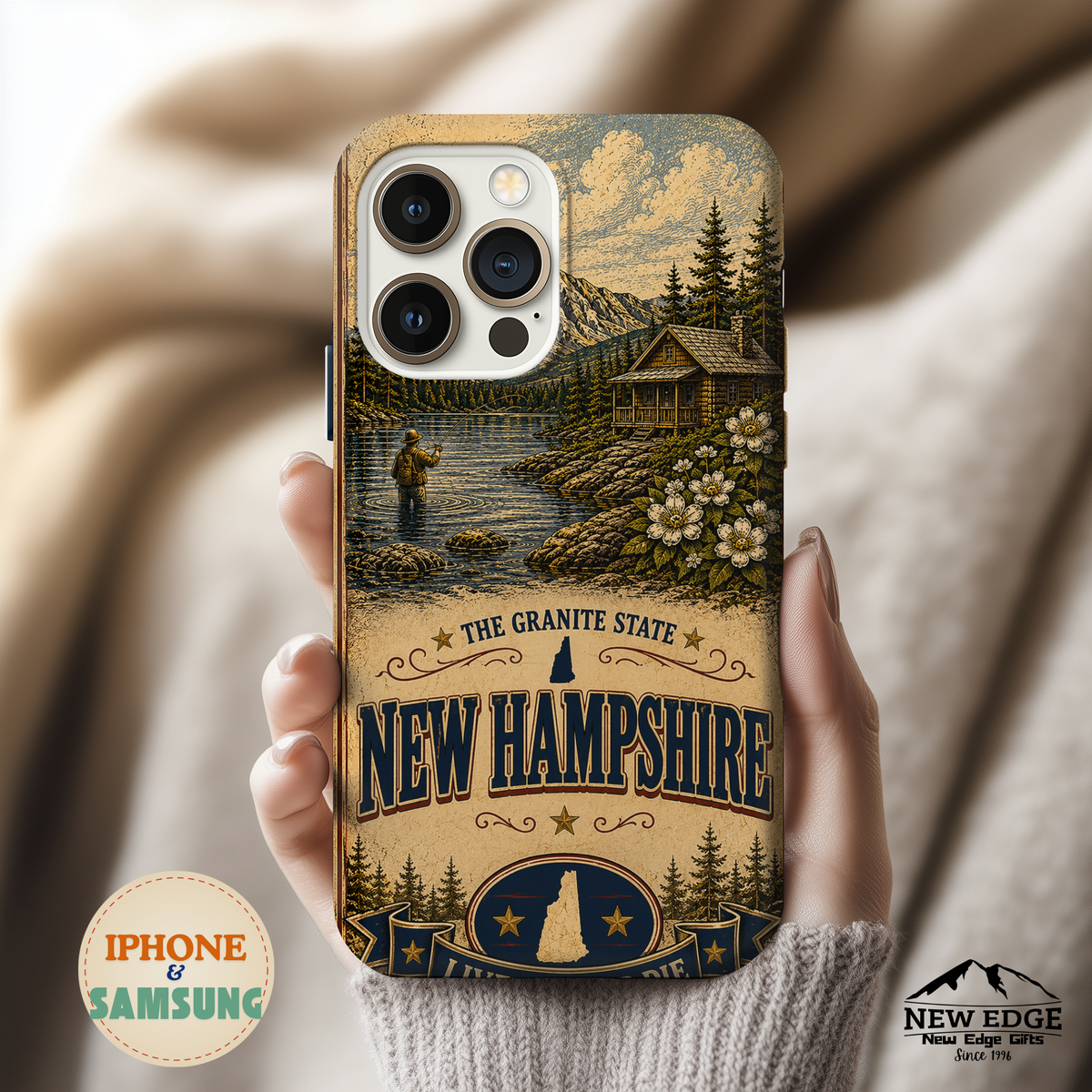 New Hampshire Faux Patchwork Phone Case Live Free or Die Granite State Vintage Travel Poster iPhone 17 Samsung S26 Cover