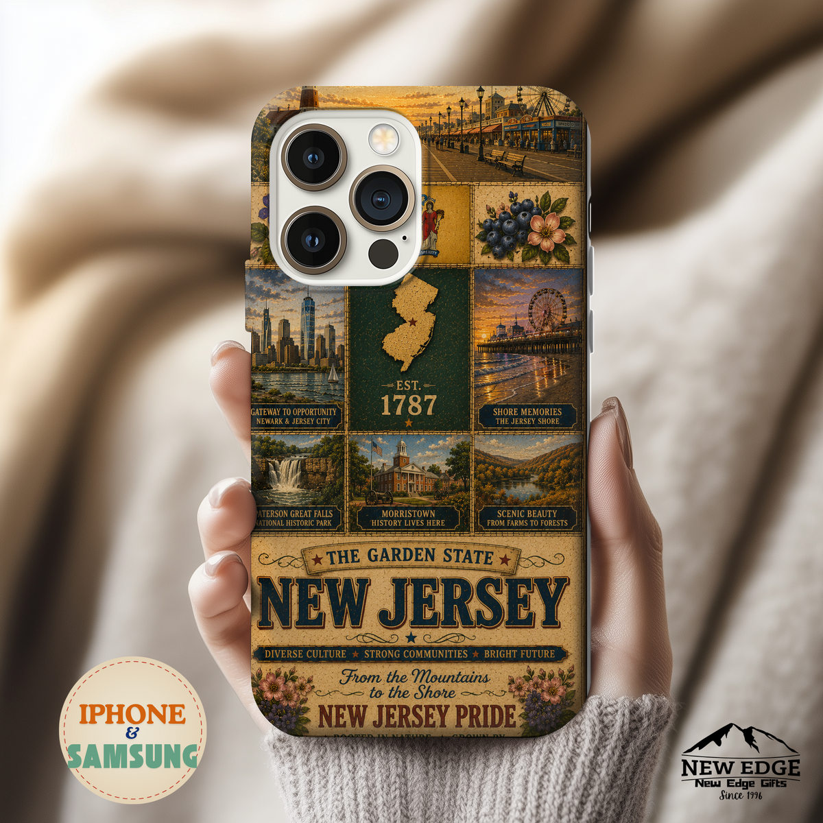 New Jersey Faux Patchwork Phone Case Garden State Vintage Travel Poster Retro State Pride Cover for iPhone & Samsung