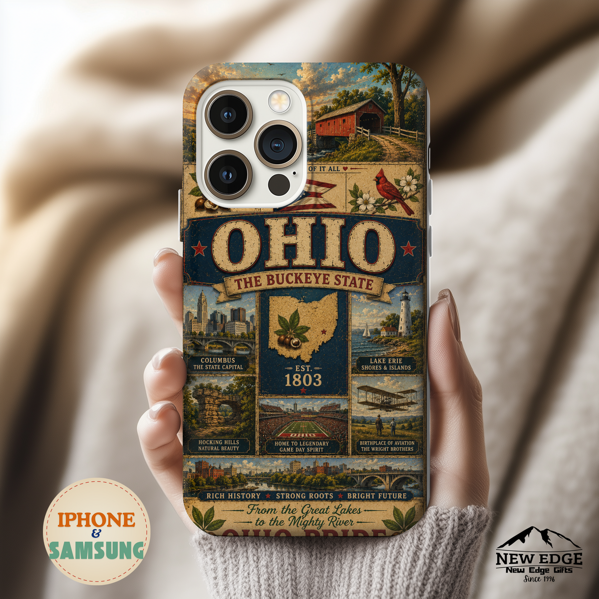 Ohio Faux Patchwork Phone Case Buckeye State Vintage Travel Poster Retro State Pride Cover Est 1803 for iPhone & Samsung