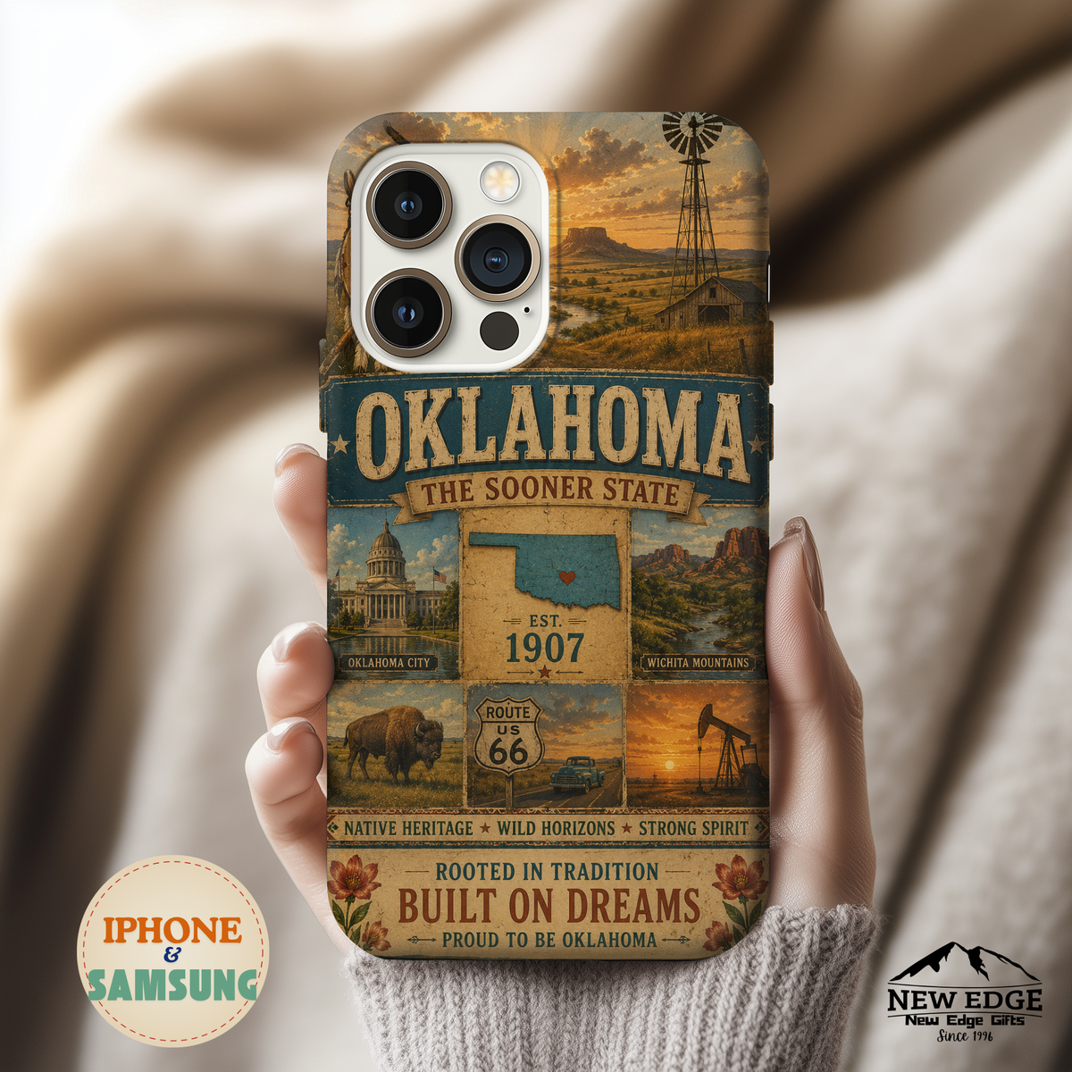 write me a title and product description for this United State phone case with Slogan  "Oklahoma Faux Patchwork Phone Case The Sooner State Vintage Travel Poster Retro State Pride Cover Est 1907"...