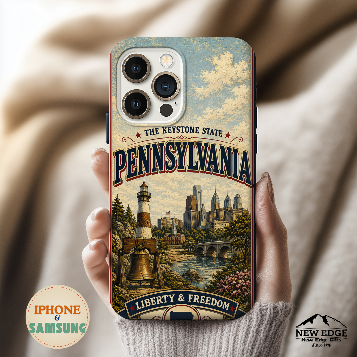 Pennsylvania Faux Patchwork Phone Case Keystone State Retro Liberty Bell Philadelphia Skyline Americana Freedom Cover