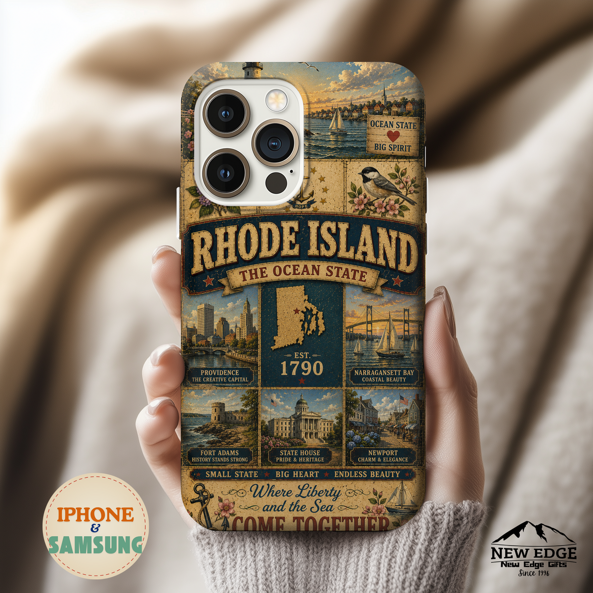 Rhode Island Faux Patchwork Phone Case The Ocean State Vintage Travel Poster Retro State Pride Cover Est 1790