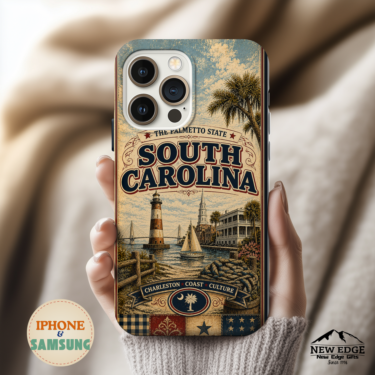 South Carolina Faux Patchwork Phone Case Palmetto State Retro Charleston Coastal Lighthouse State Pride Cover