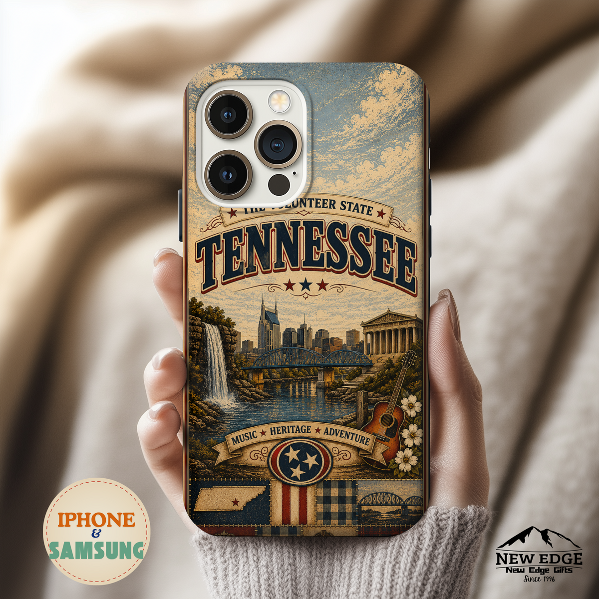 Tennessee Faux Patchwork Phone Case Volunteer State Retro Nashville Skyline Guitar State Pride Cover