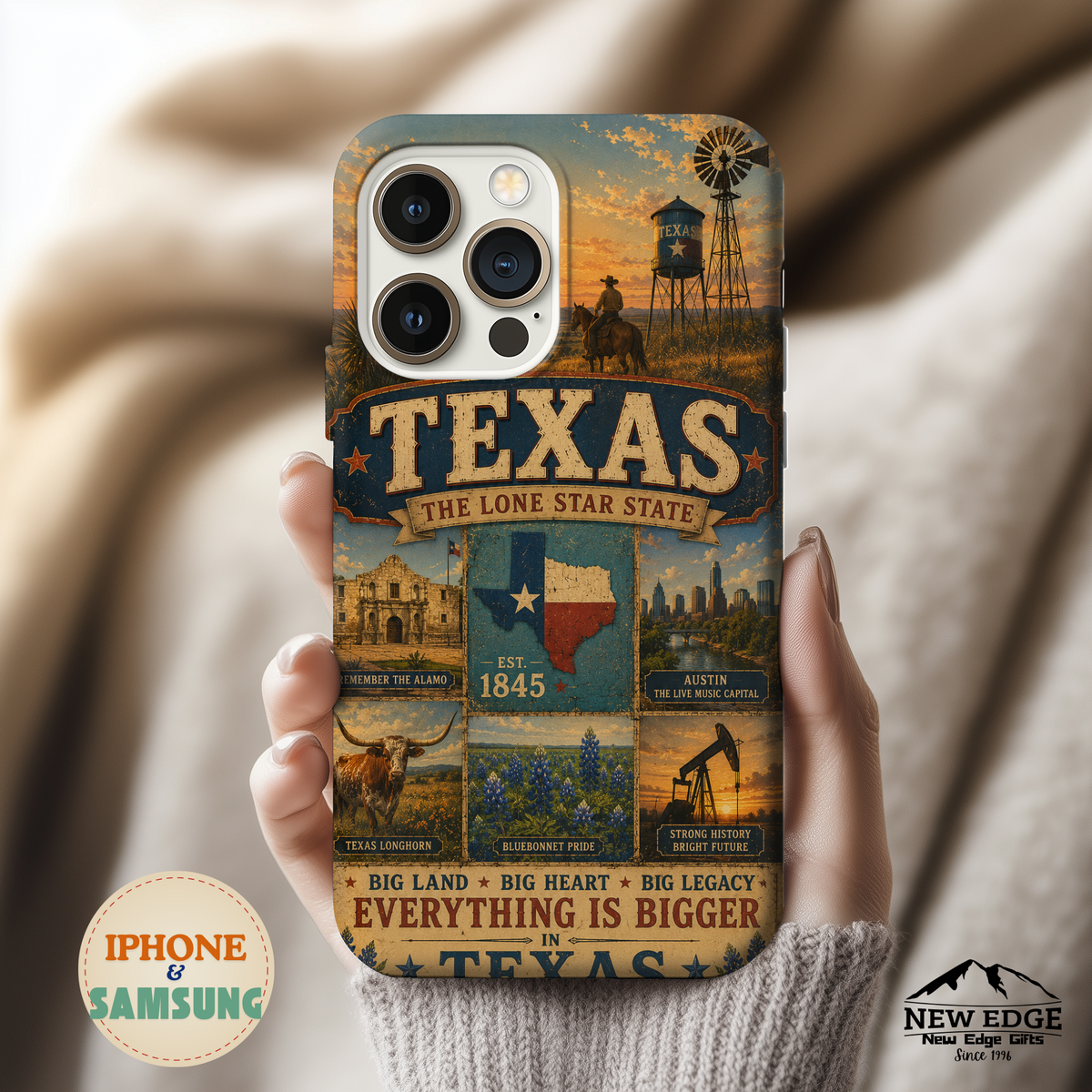 Texas Faux Patchwork Phone Case The Lone Star State Vintage Travel Poster Retro State Pride Cover Est 1845