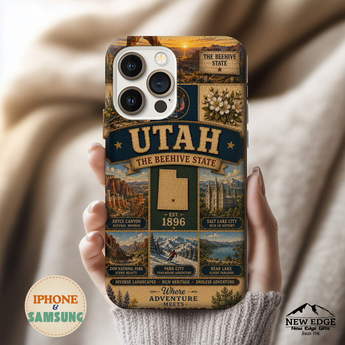 Utah Faux Patchwork Phone Case The Beehive State Vintage Travel Poster Retro State Pride Cover Est 1896