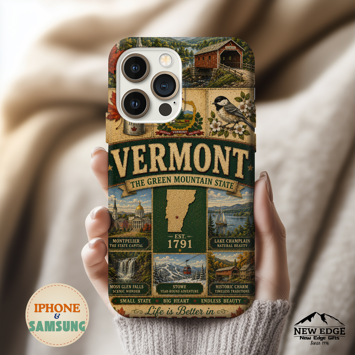 Vermont Faux Patchwork Phone Case The Green Mountain State Vintage Travel Poster Retro State Pride Cover Est 1791