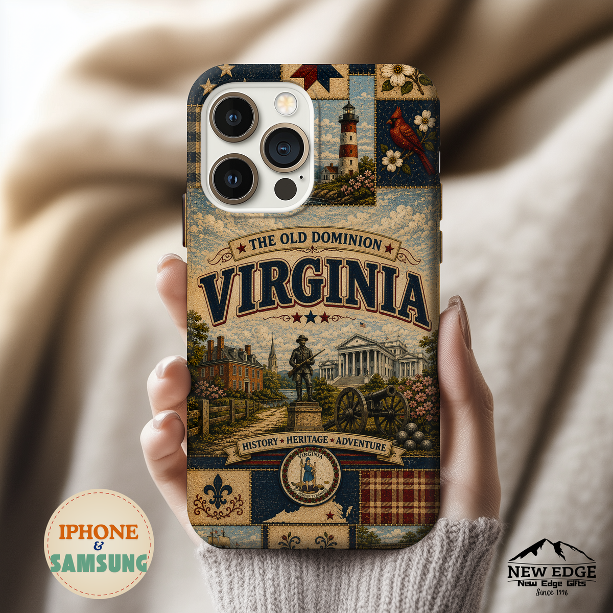 Virginia Faux Patchwork Phone Case Old Dominion Retro Colonial Landmarks Cardinal State Pride Cover