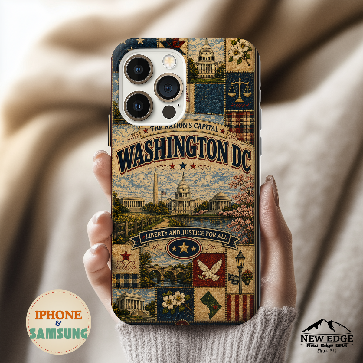 Washington DC Faux Patchwork Phone Case Nations Capital Retro Capitol Monument Liberty Justice Cover