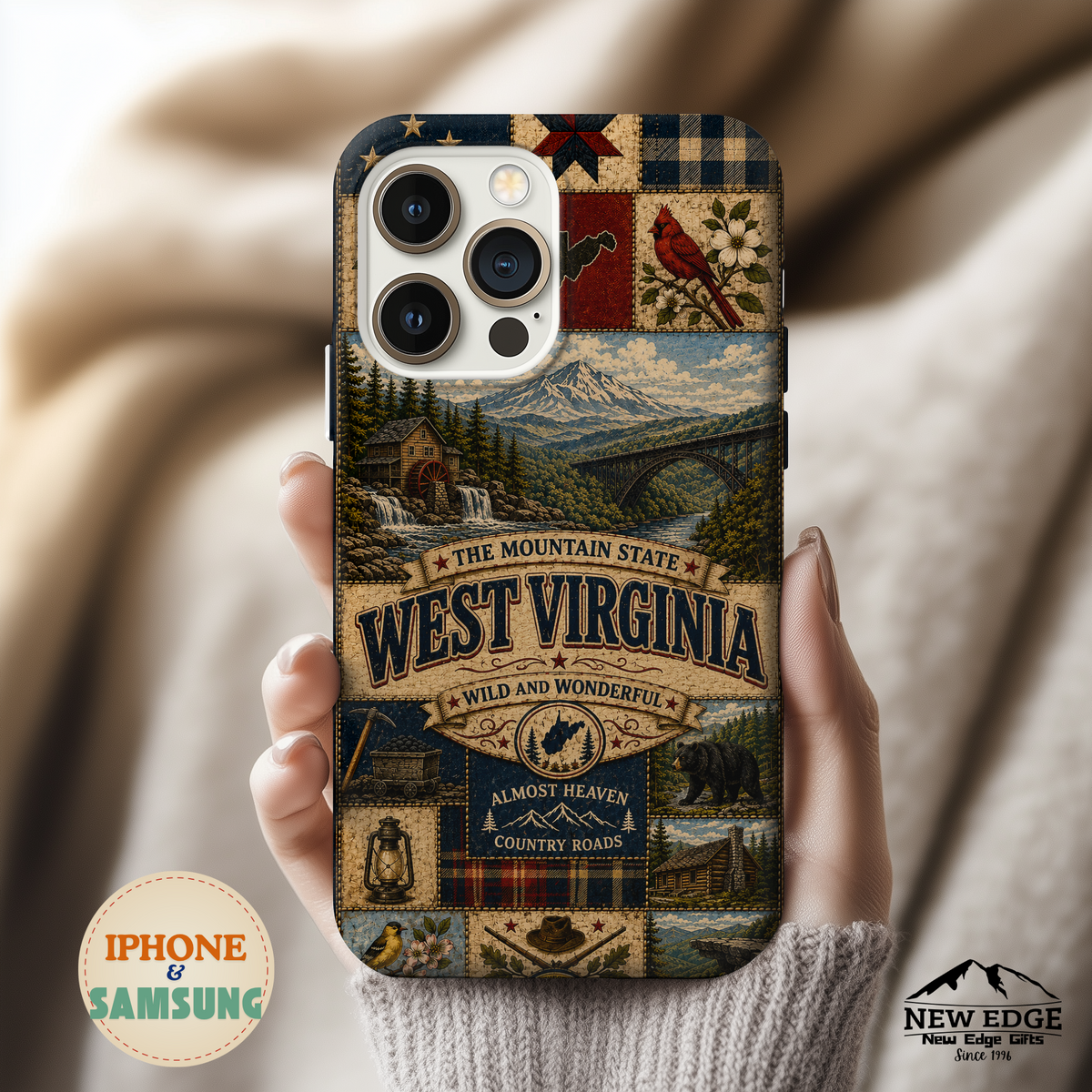 West Virginia Faux Patchwork Phone Case Mountain State Retro New River Gorge Bridge Wild and Wonderful Cover