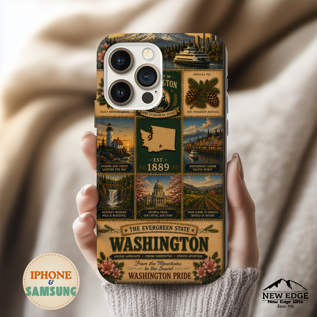Washington Faux Patchwork Phone Case The Evergreen State Vintage Travel Poster Retro State Pride Cover Est 1889