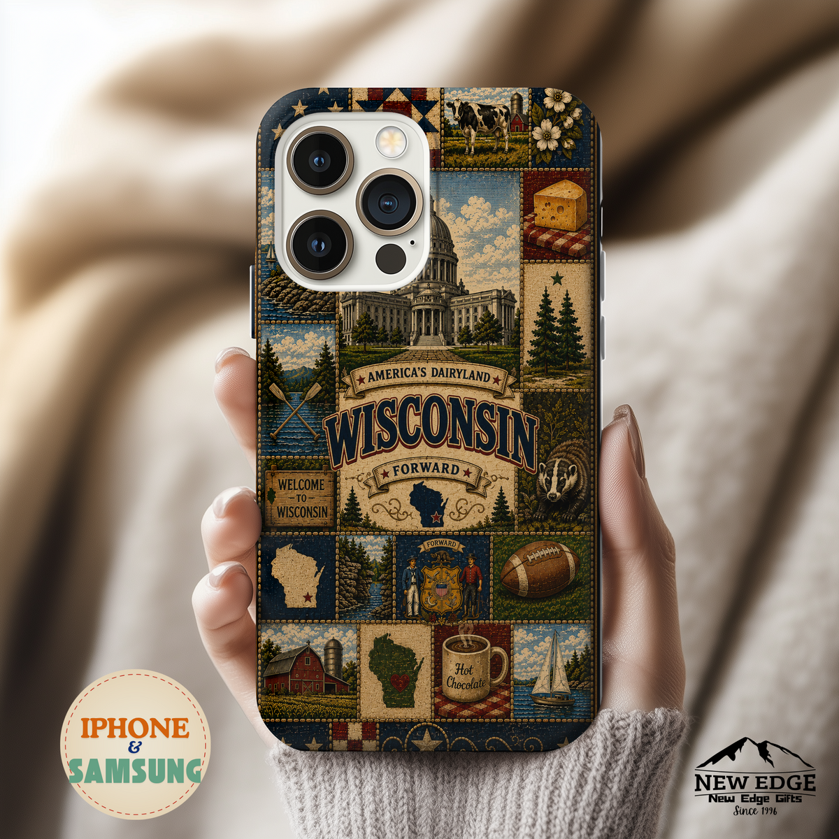 Wisconsin Faux Patchwork Phone Case Americas Dairyland Retro Barn Lighthouse Forward State Pride Cover