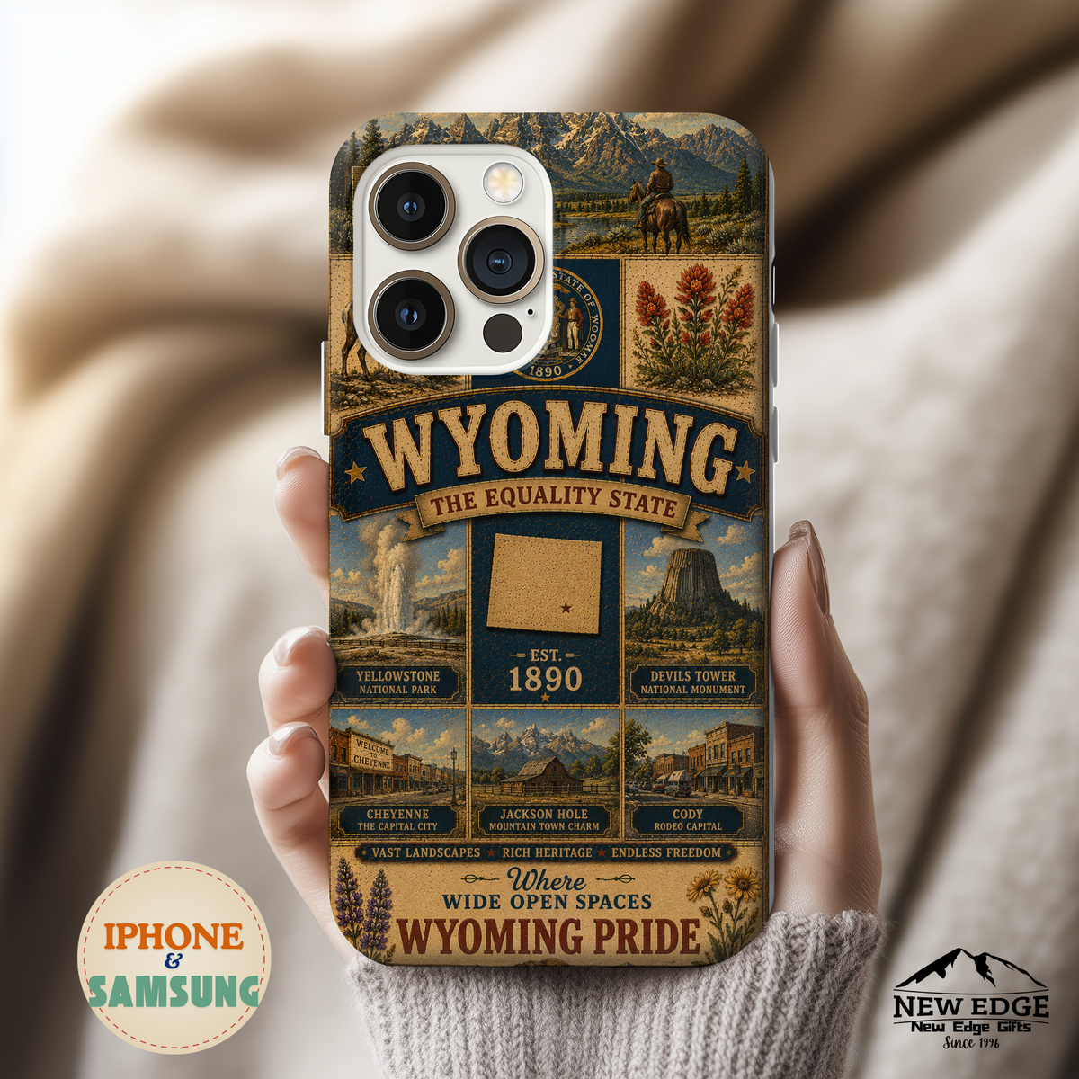 Wyoming Faux Patchwork Phone Case The Equality State Vintage Travel Poster Retro State Pride Cover Est 1890