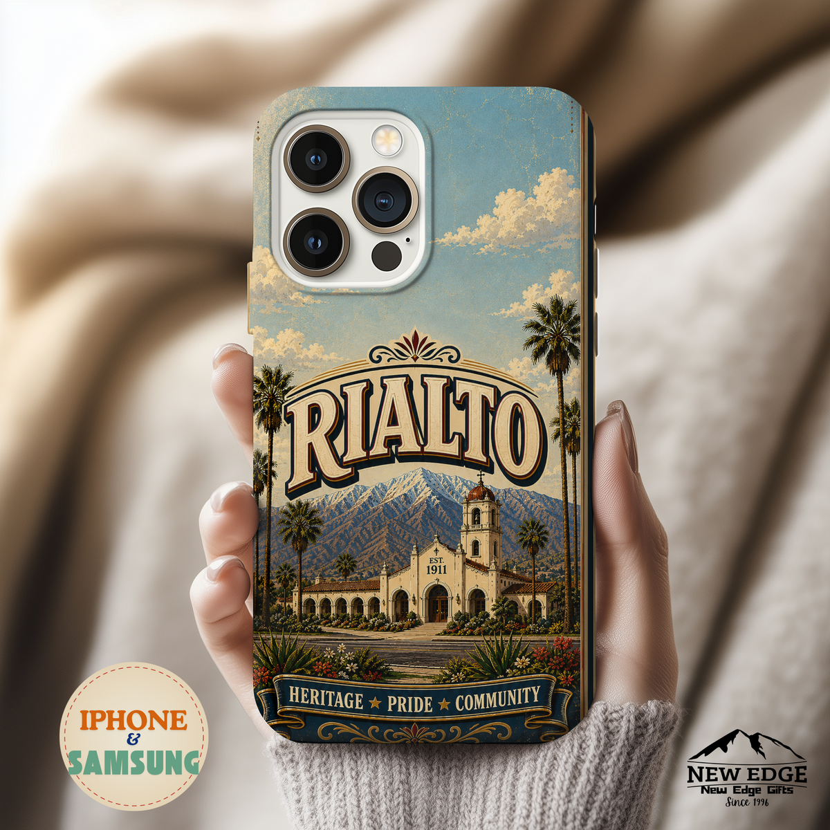 Rialto Heritage Pride Community Faux Patchwork Phone Case – Est 1911 Vintage California Travel Art Cover